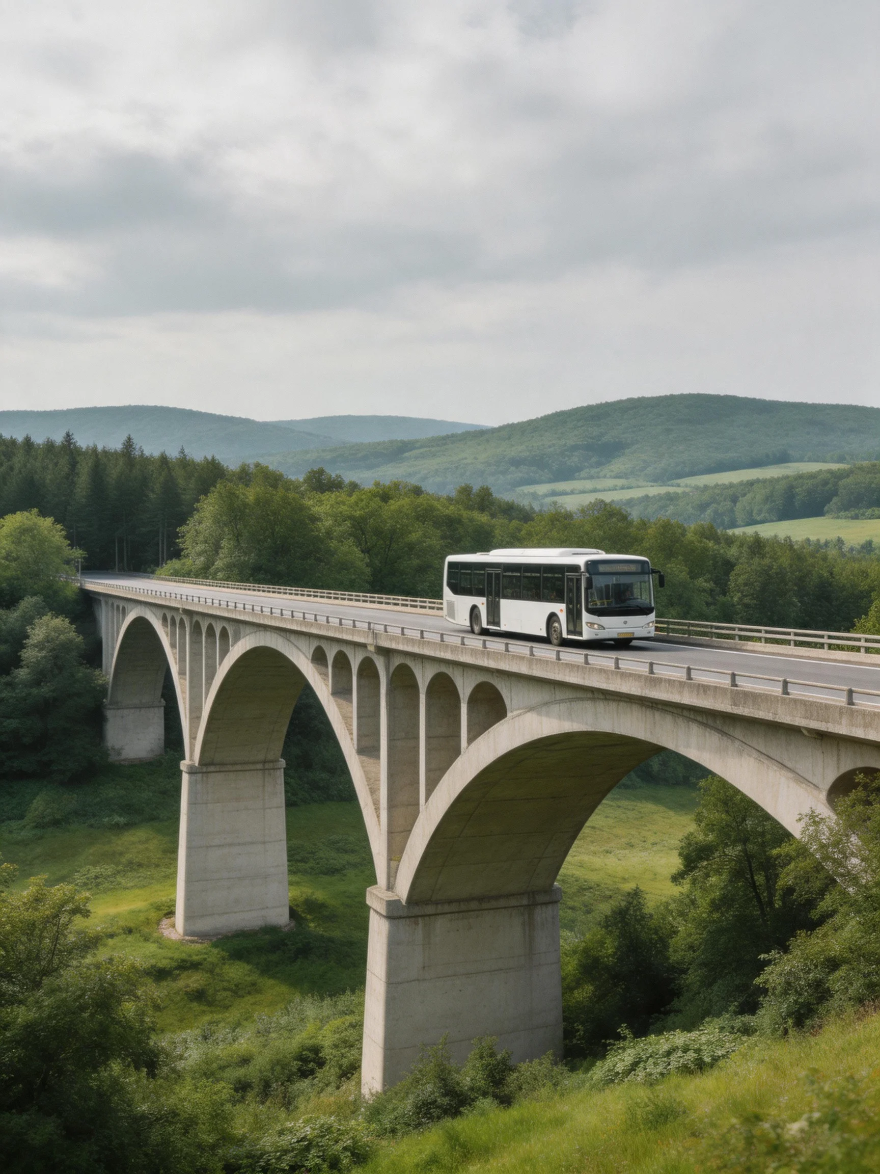 White bus crosses arched concrete bridge over lush valley