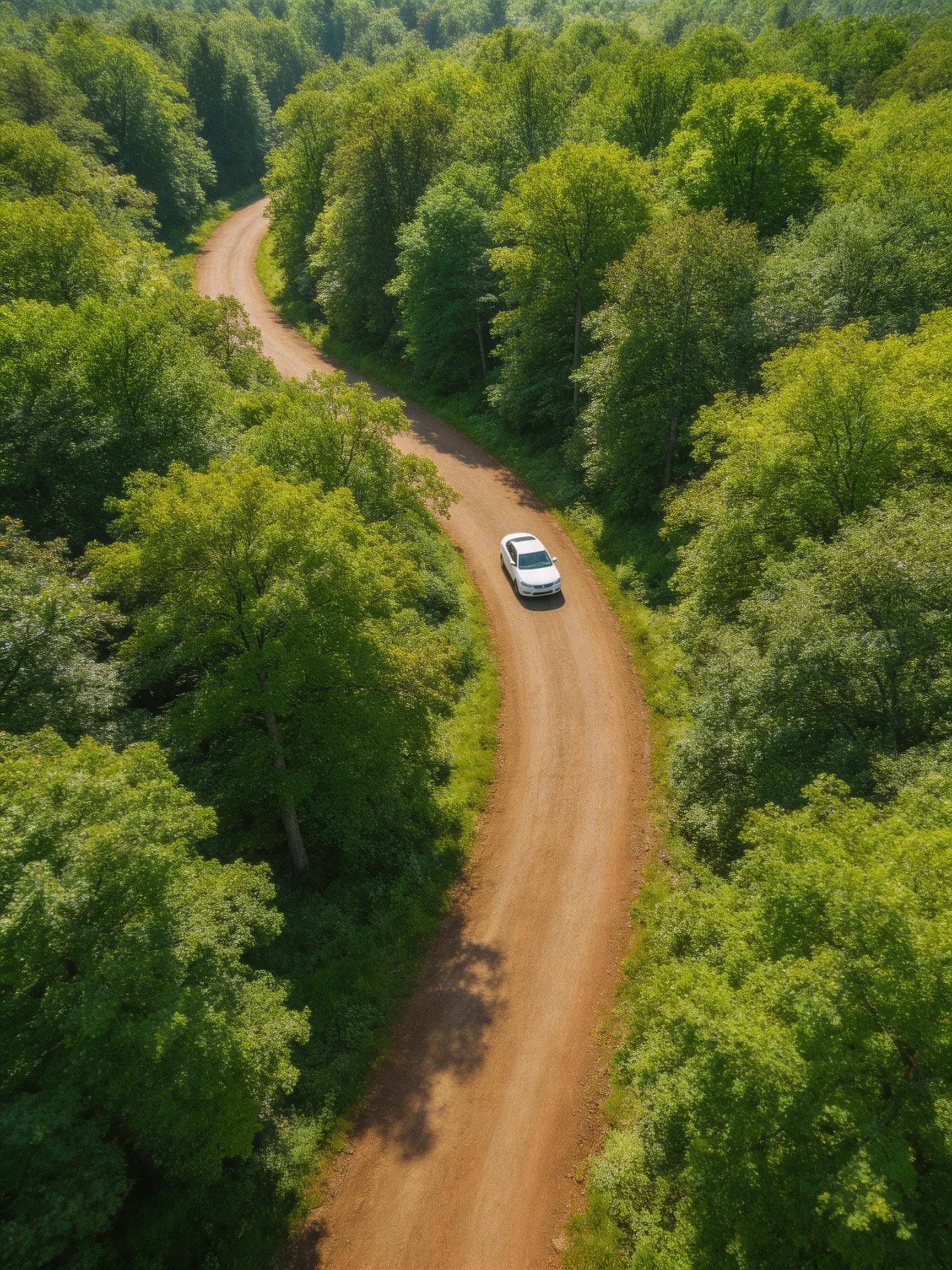 White car travels on winding dirt road through dense green forests
