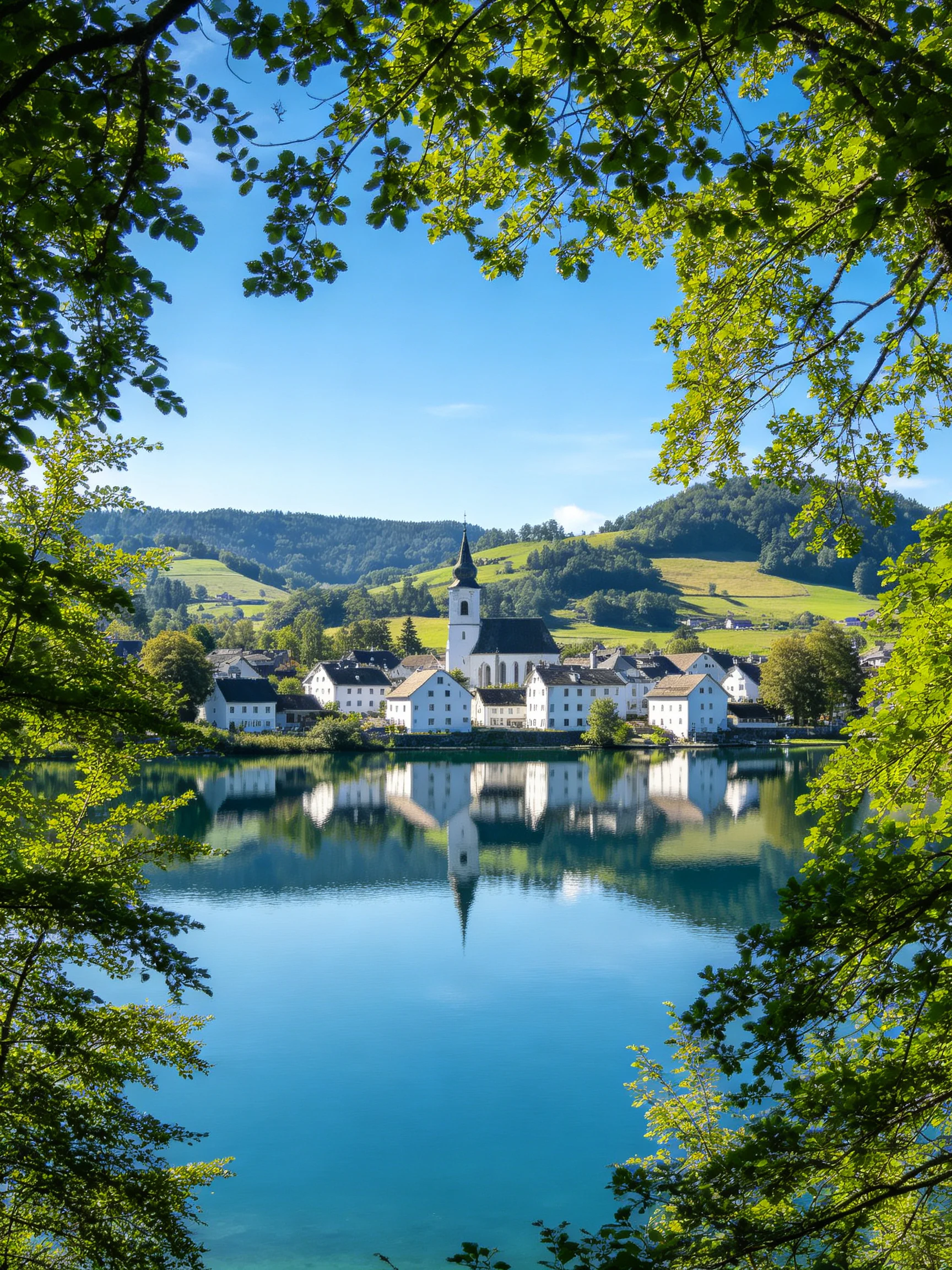 White village buildings reflected in a blue lake amid green hills