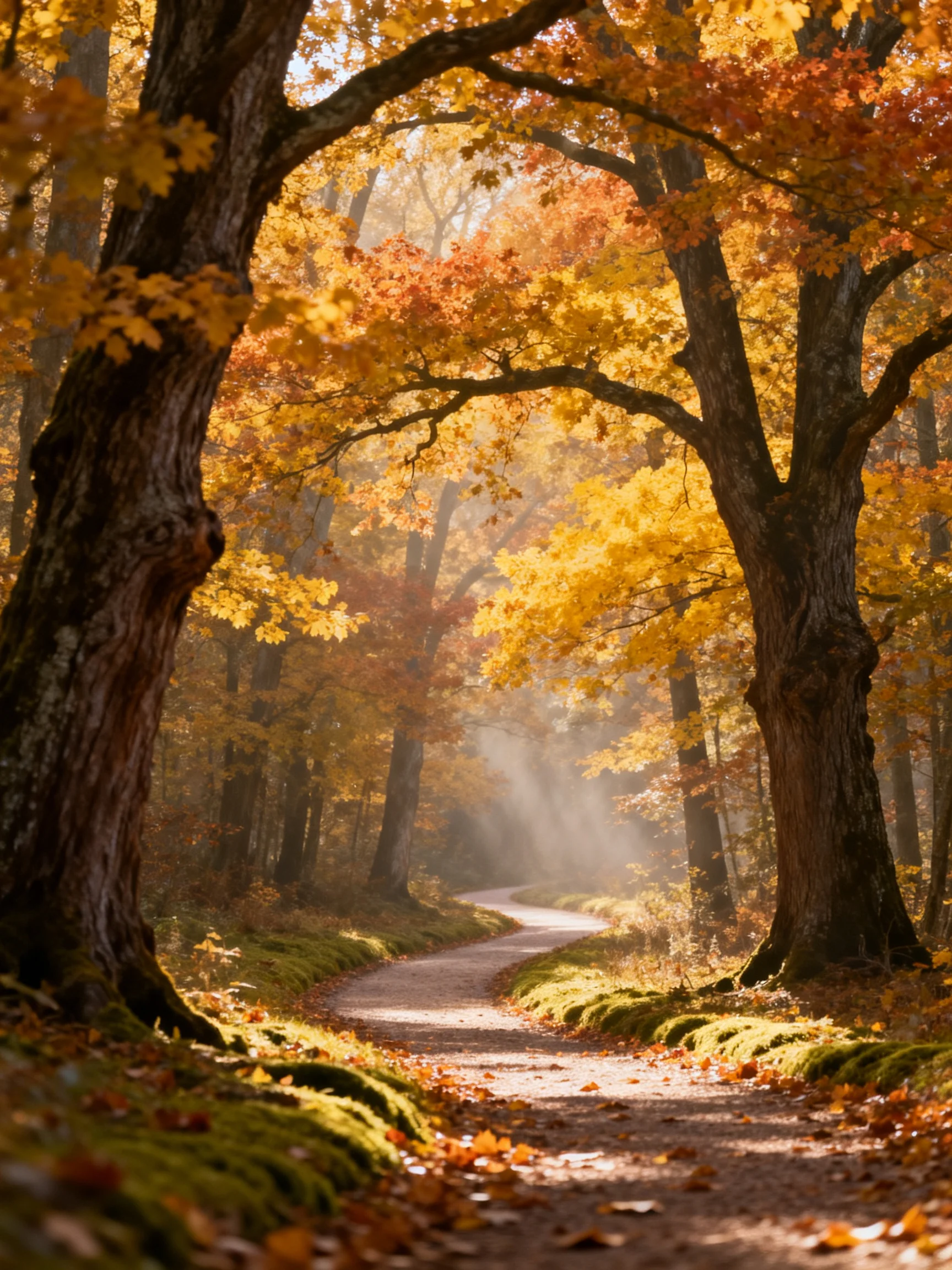Winding Autumn Path Through Golden Forest with Sunlit Moss