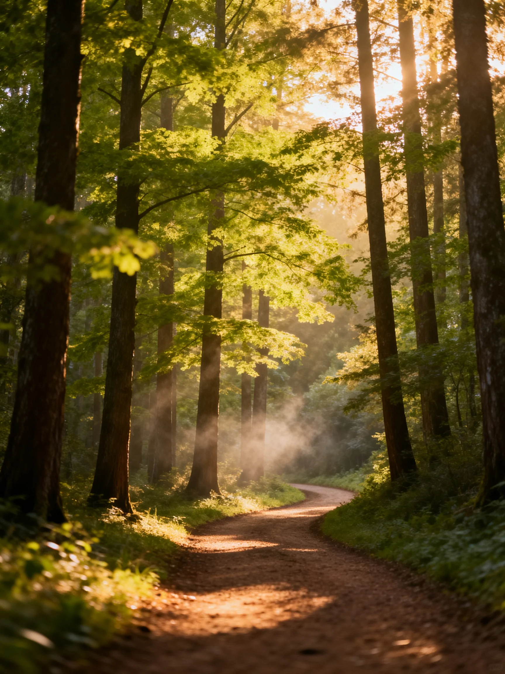 Winding Dirt Path in Sunlit Dense Forest with Morning Mist
