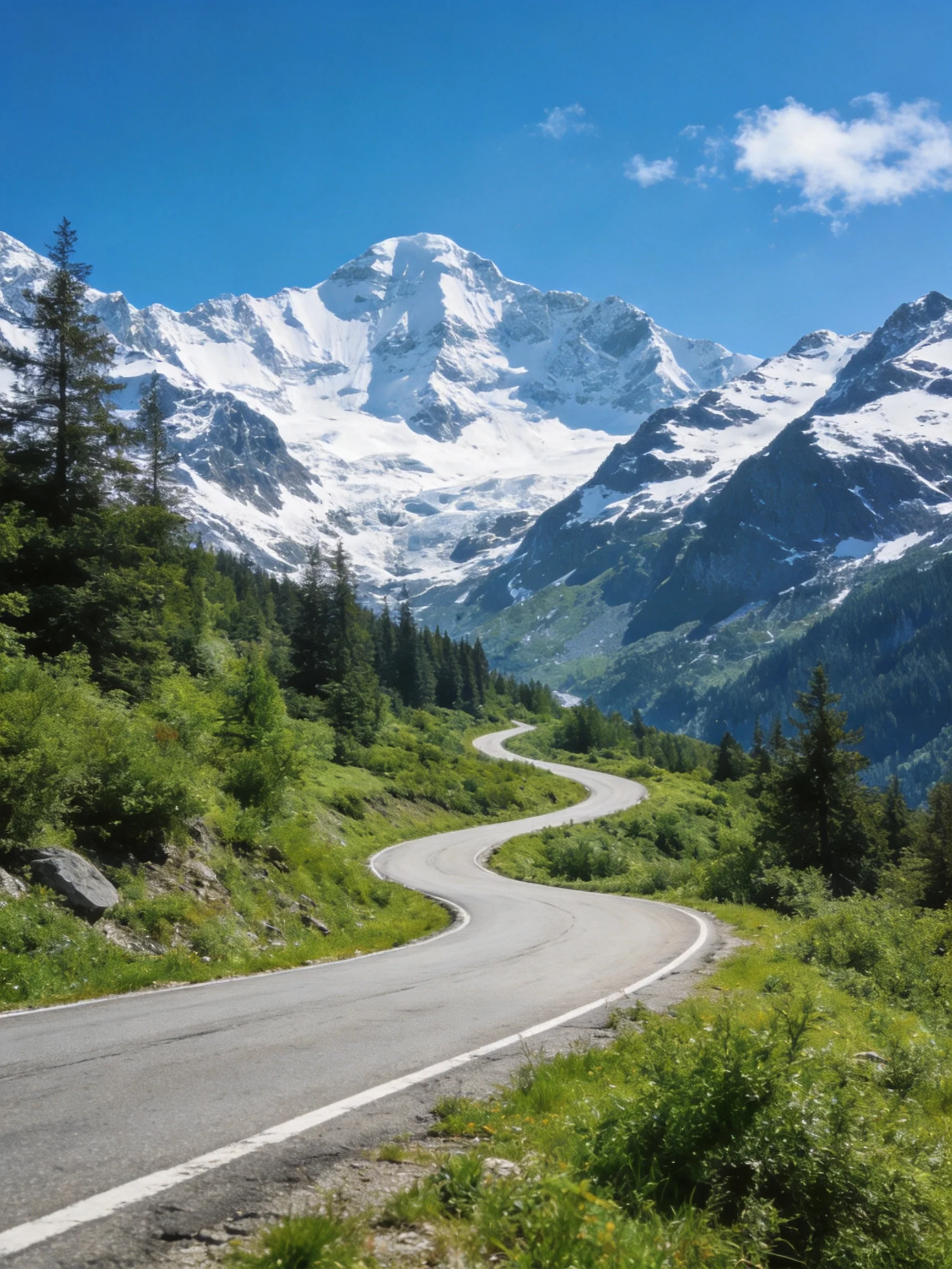 Winding Mountain Road Near Snow-Capped Peaks