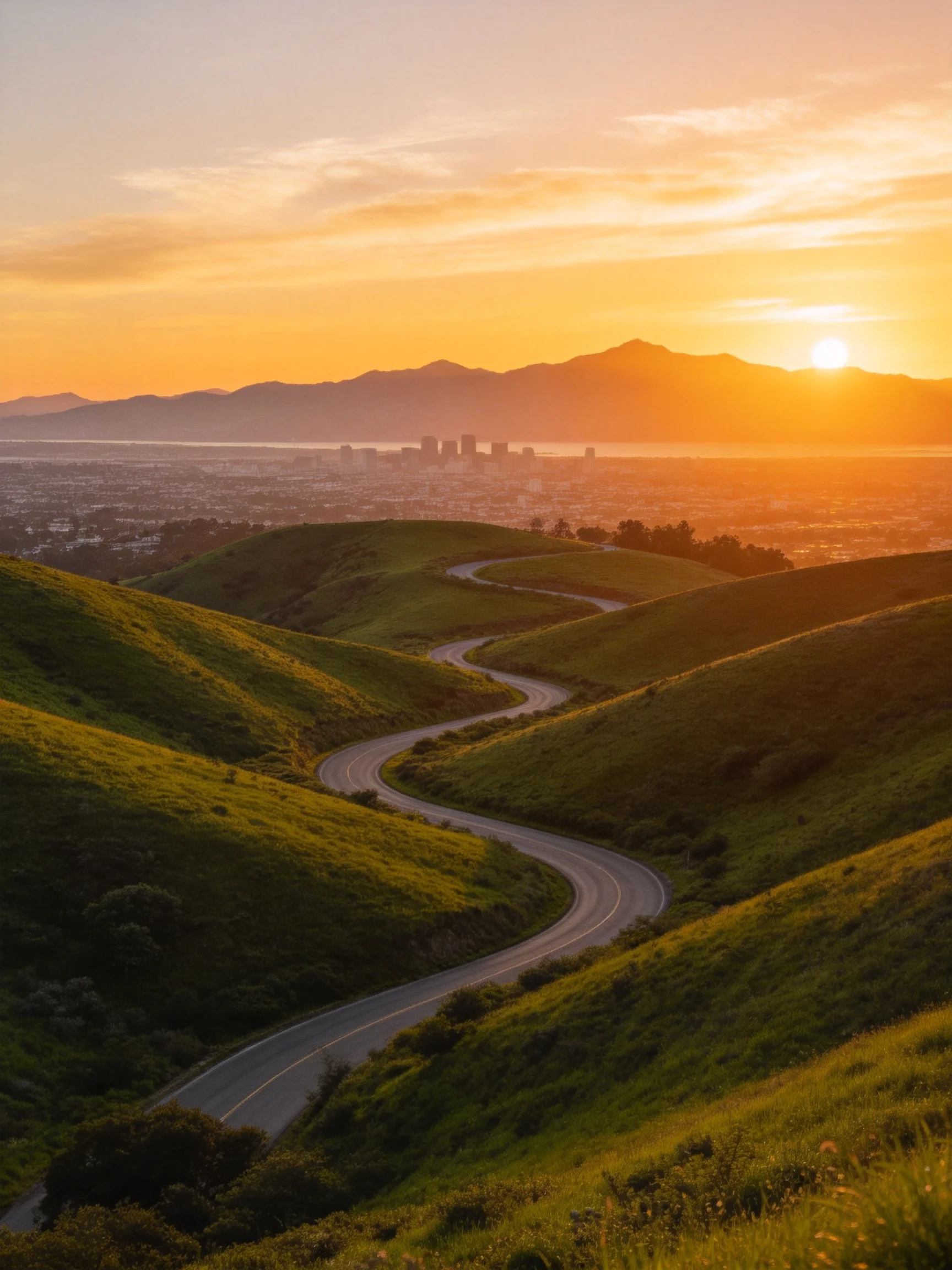 Winding Mountain Road Through Lush Green Hills at Golden Sunset