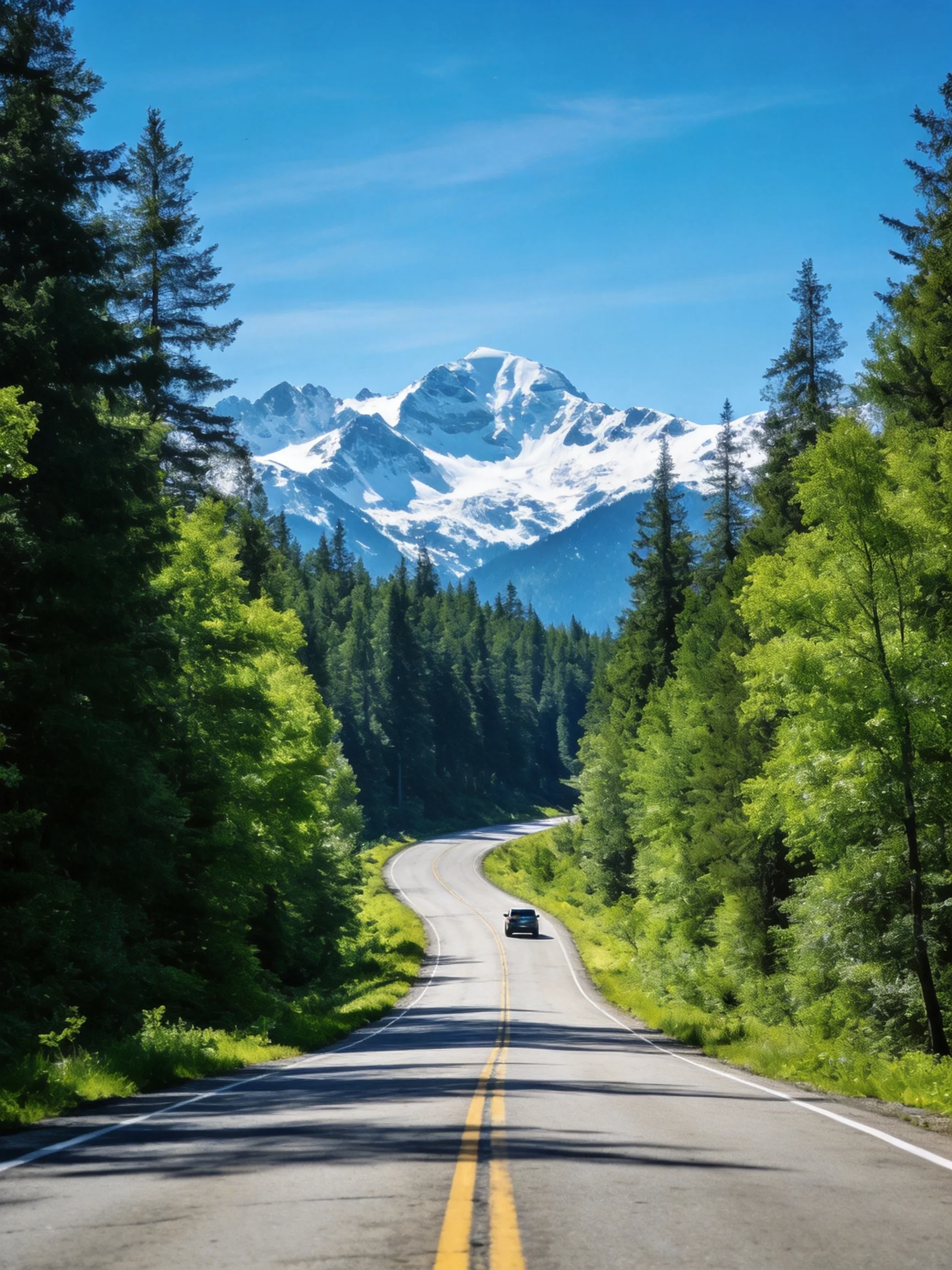 Winding Road Through Lush Forest Toward Snow-Capped Mountains