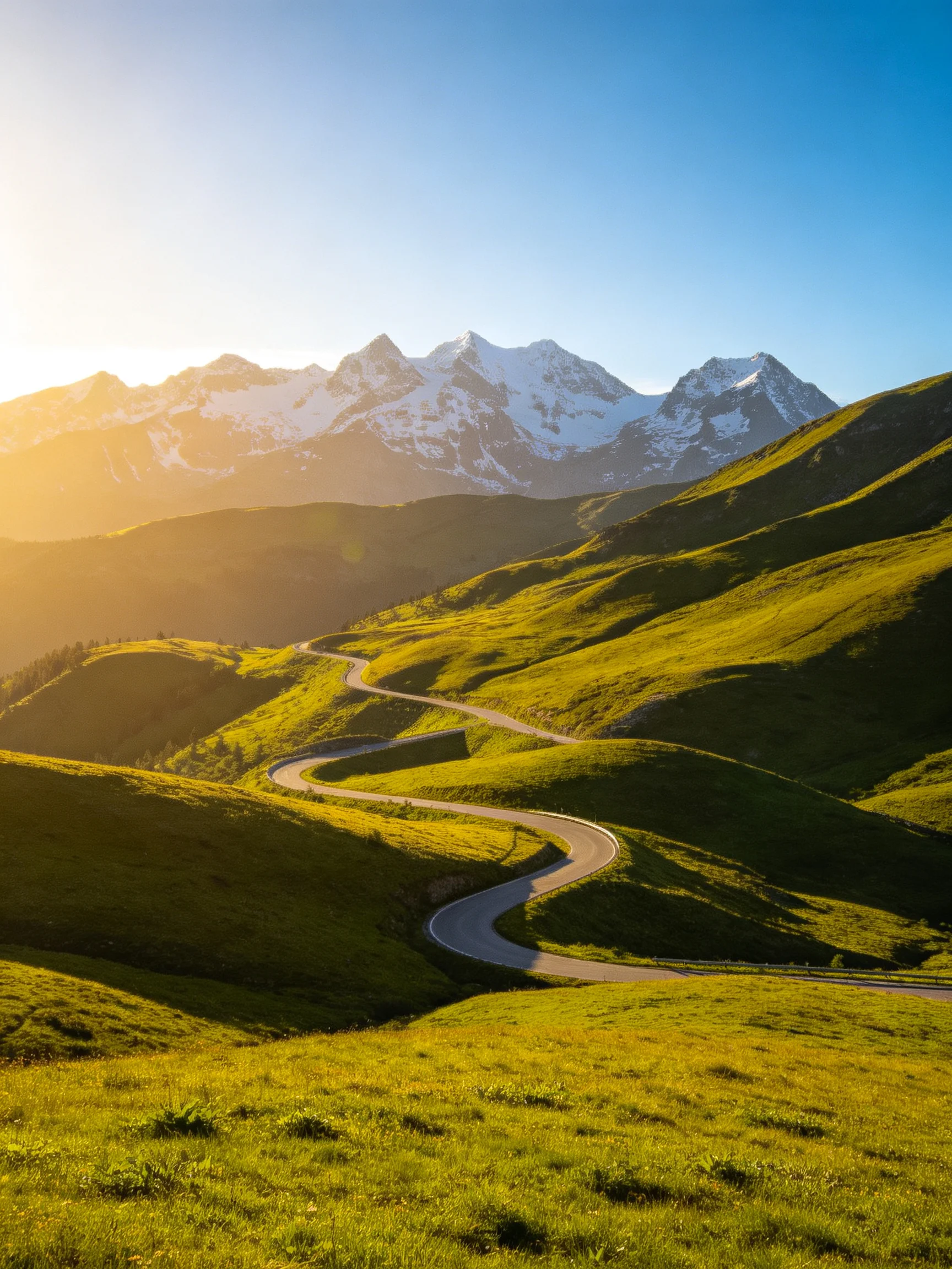Winding Road Through Lush Green Hills Toward Snow-Capped Mountains