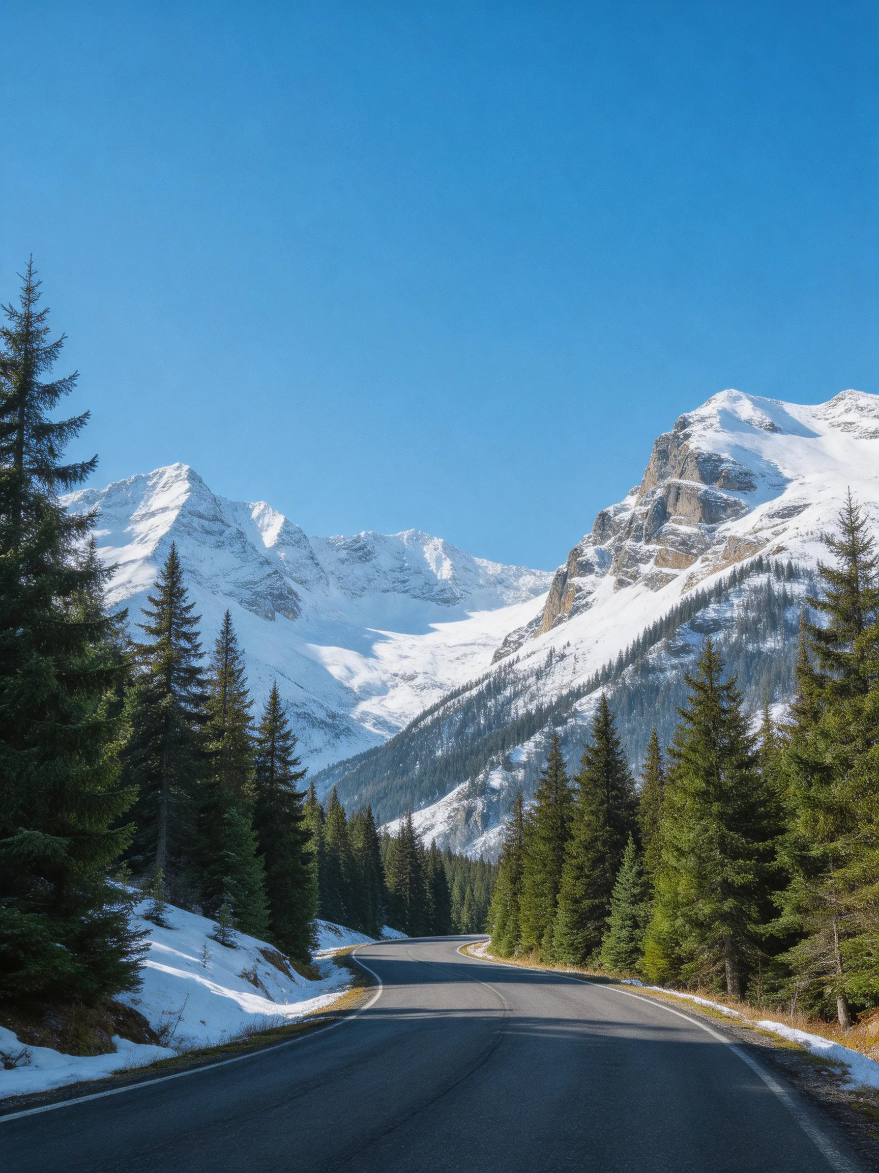 Winding Road Through Snow-Covered Mountains and Pine Forests