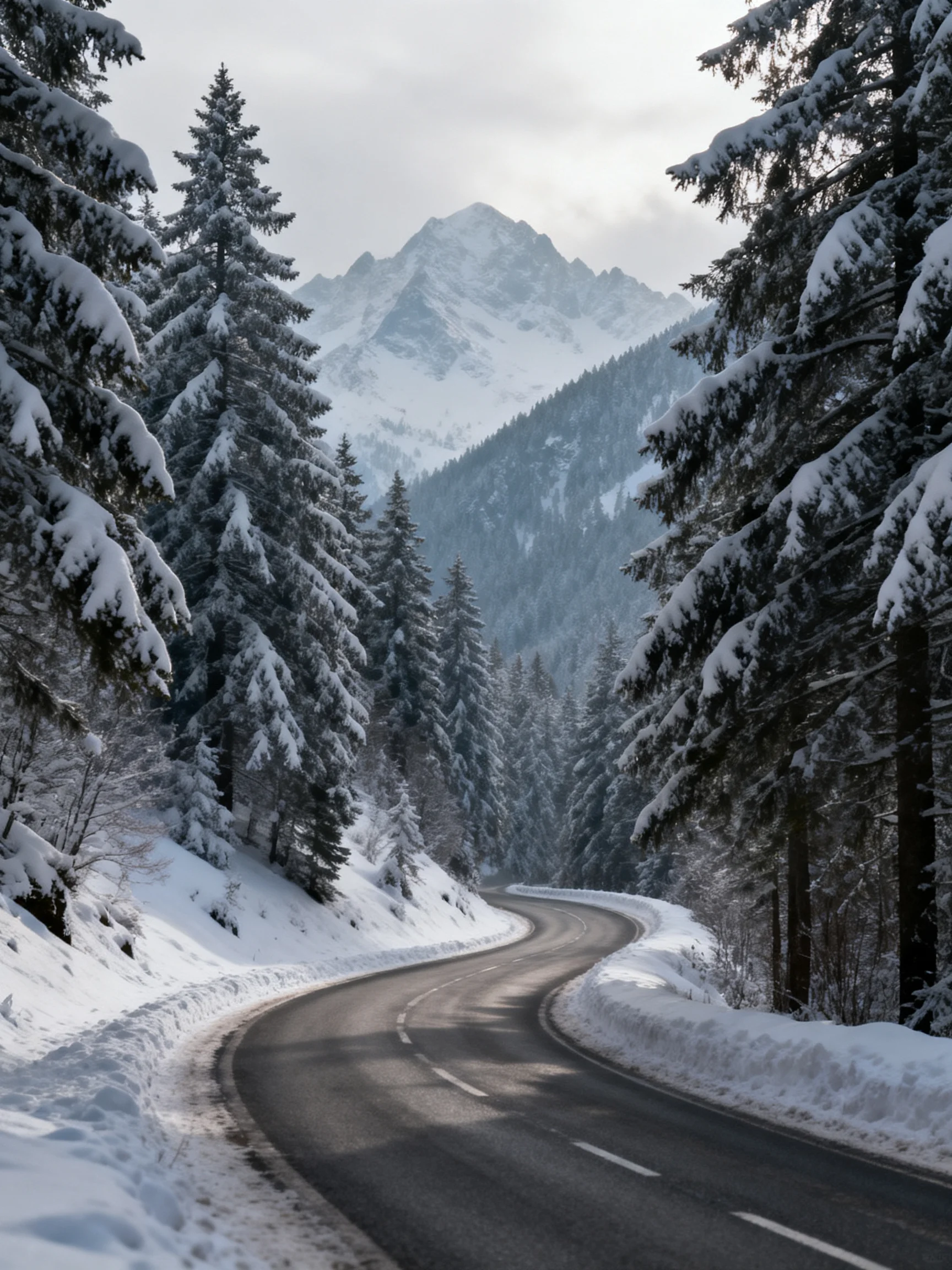 Winding Snow-Covered Road Flanked by Snow-Laden Pines Leading to Snow-Capped Mountains