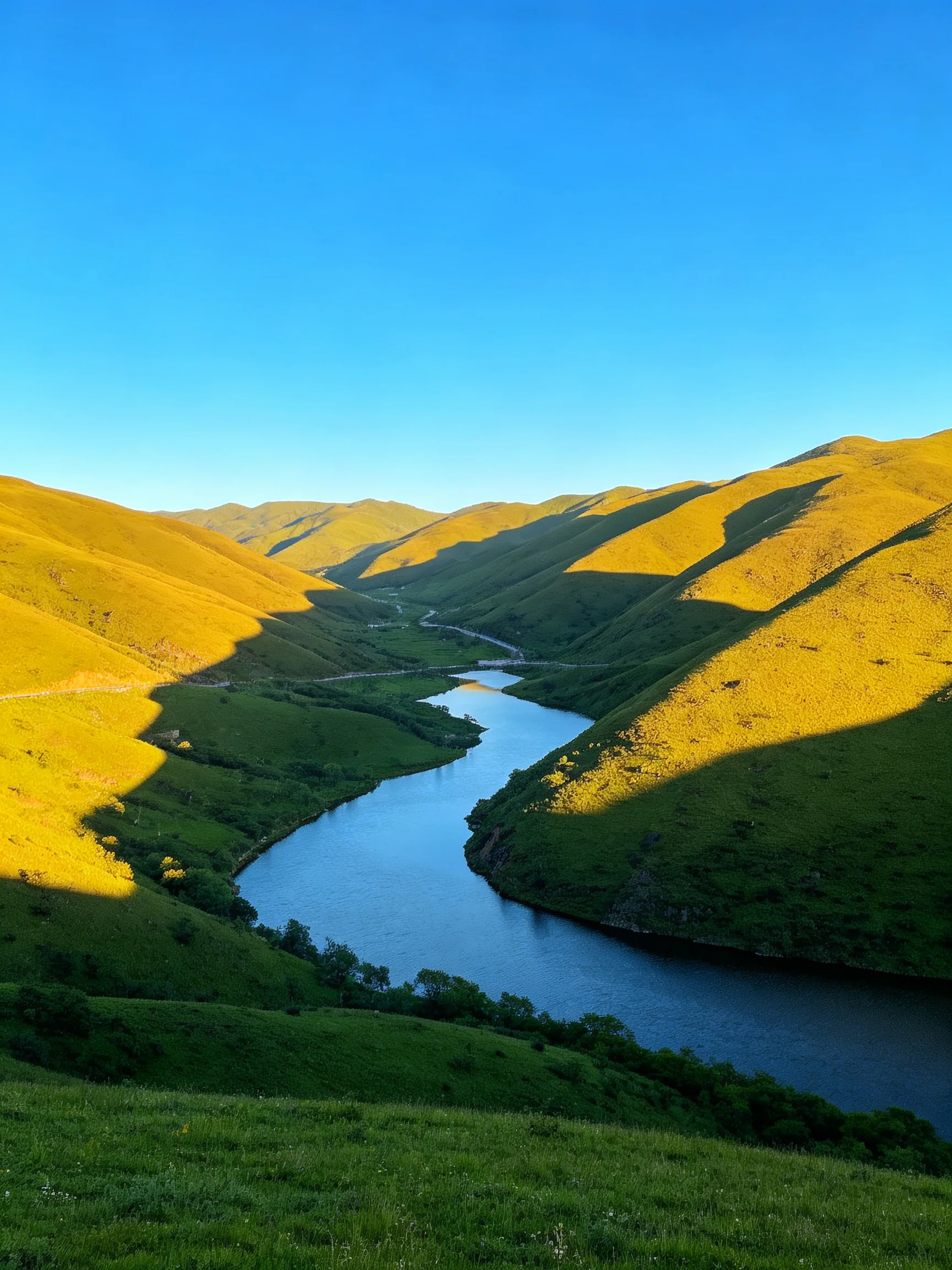 Winding blue river flows through a valley surrounded by golden-green hills