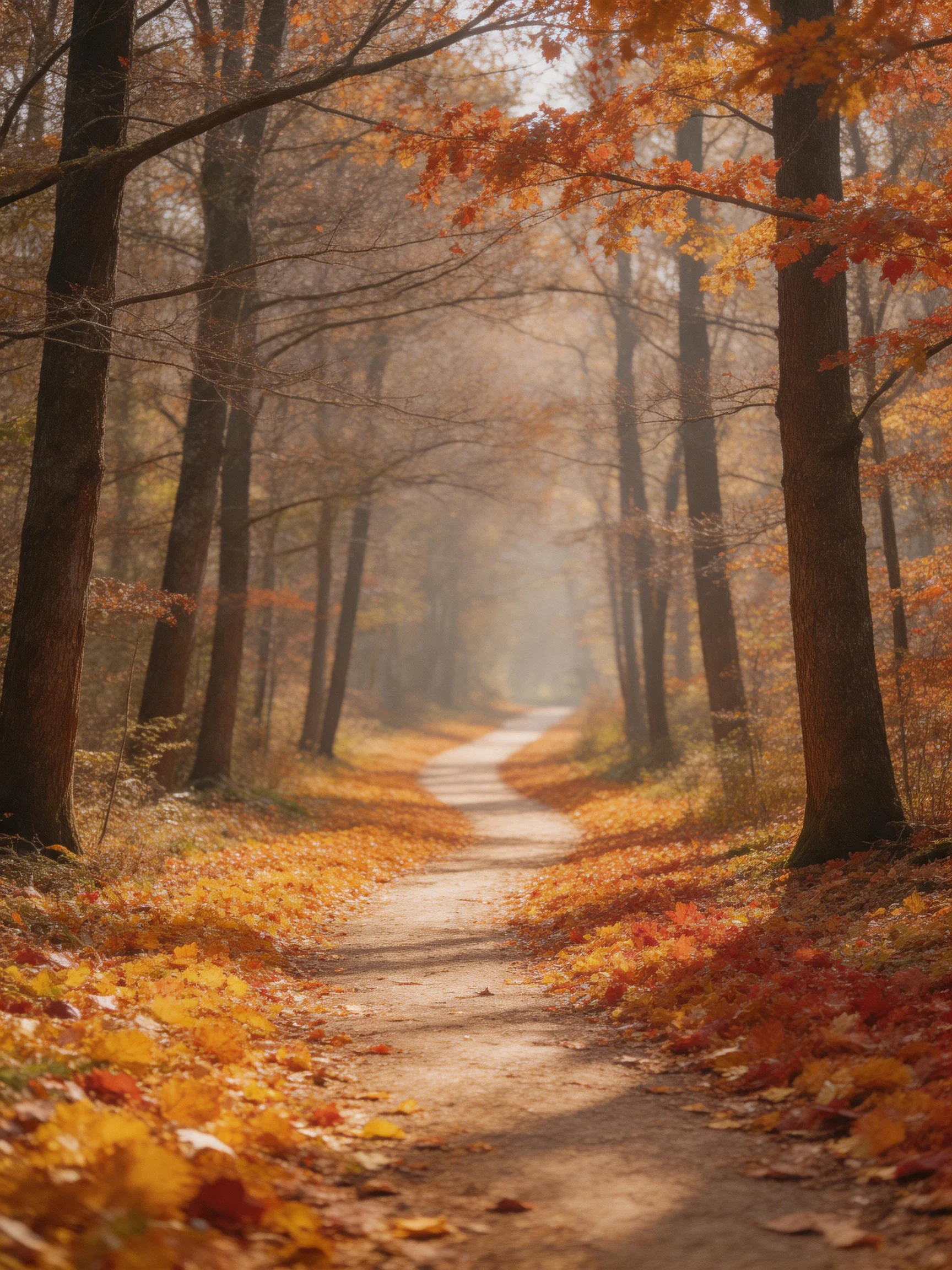 Winding dirt path through autumn forest with golden crimson leaves