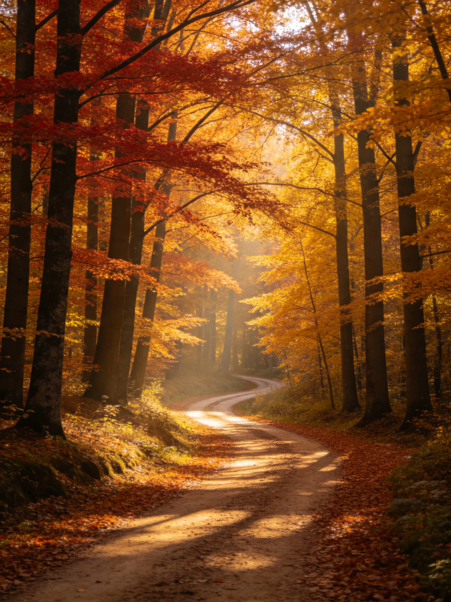 Winding dirt path through golden and crimson autumn woods