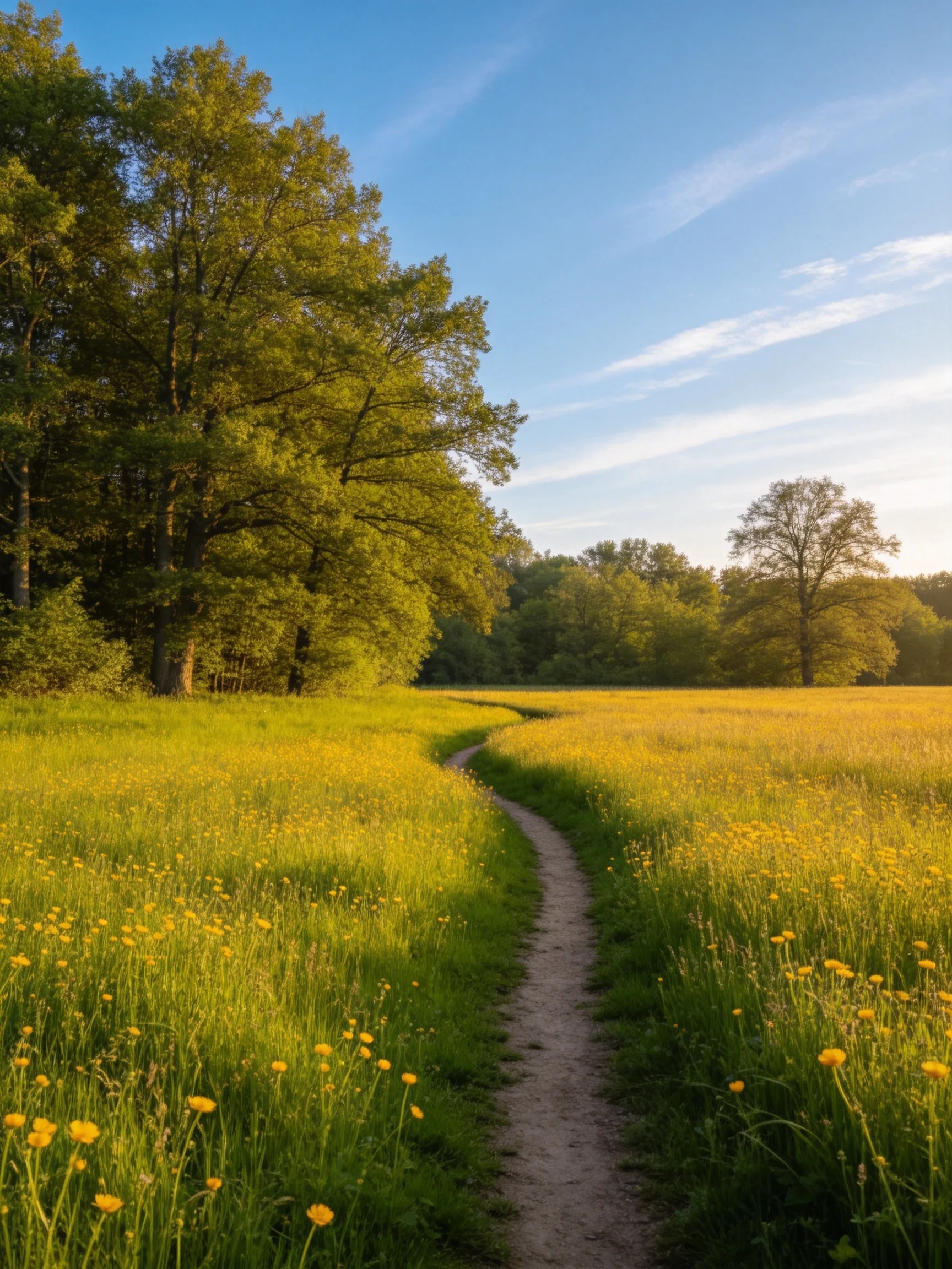 Winding dirt path through golden meadow and lush green forest