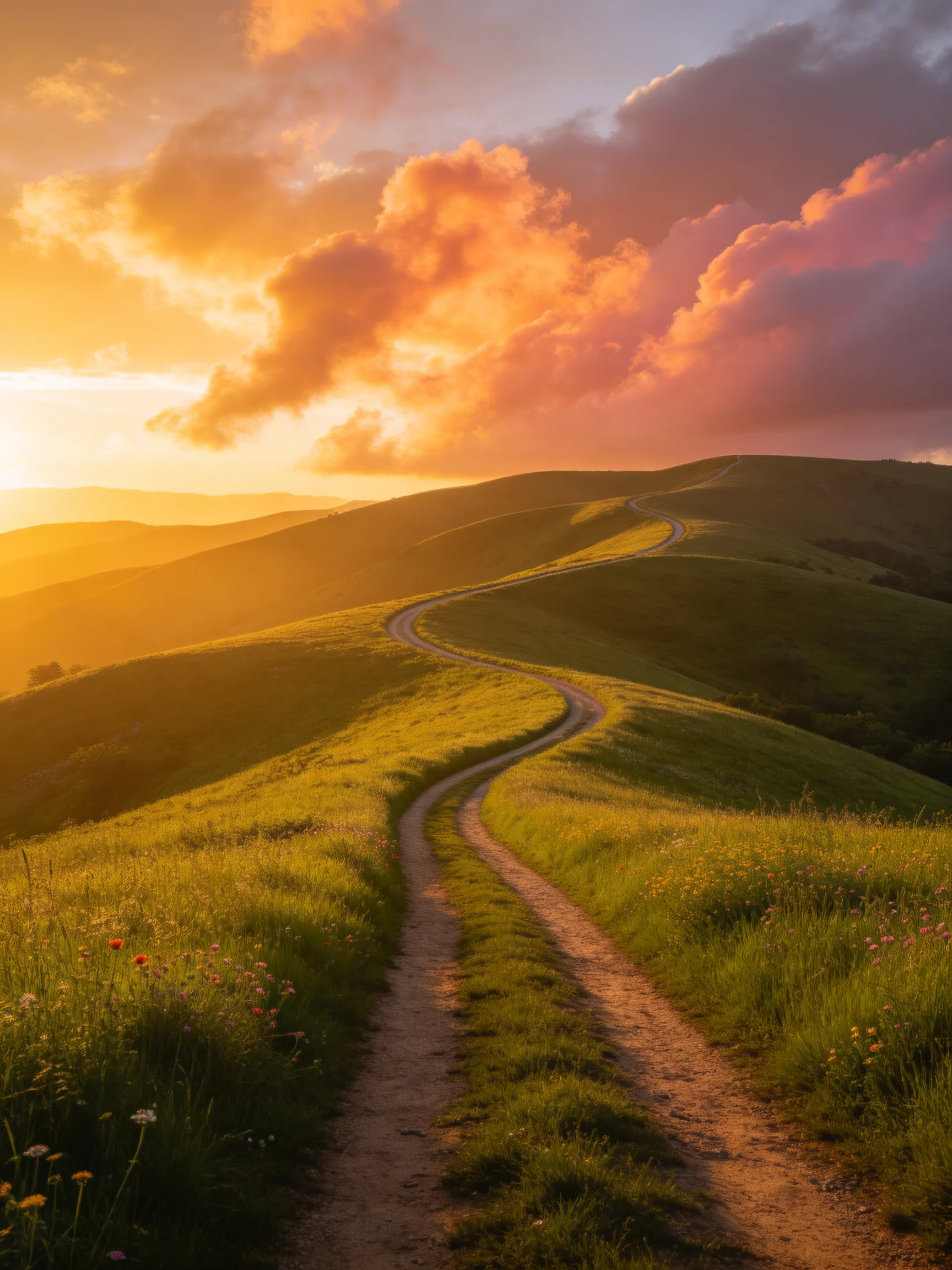 Winding dirt path through green hills beneath colorful sunset sky