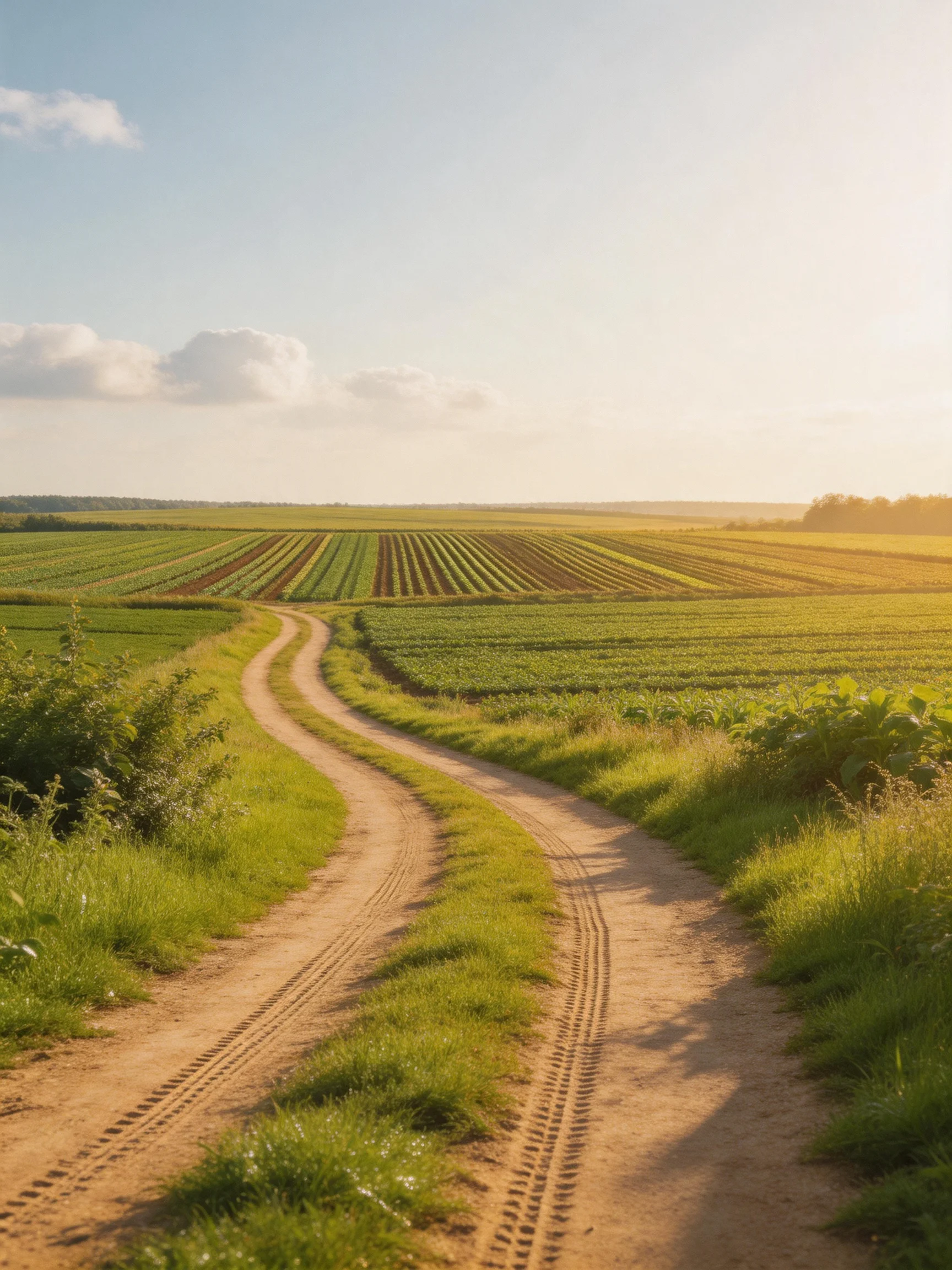 Winding dirt path through lush agricultural fields under sunny sky