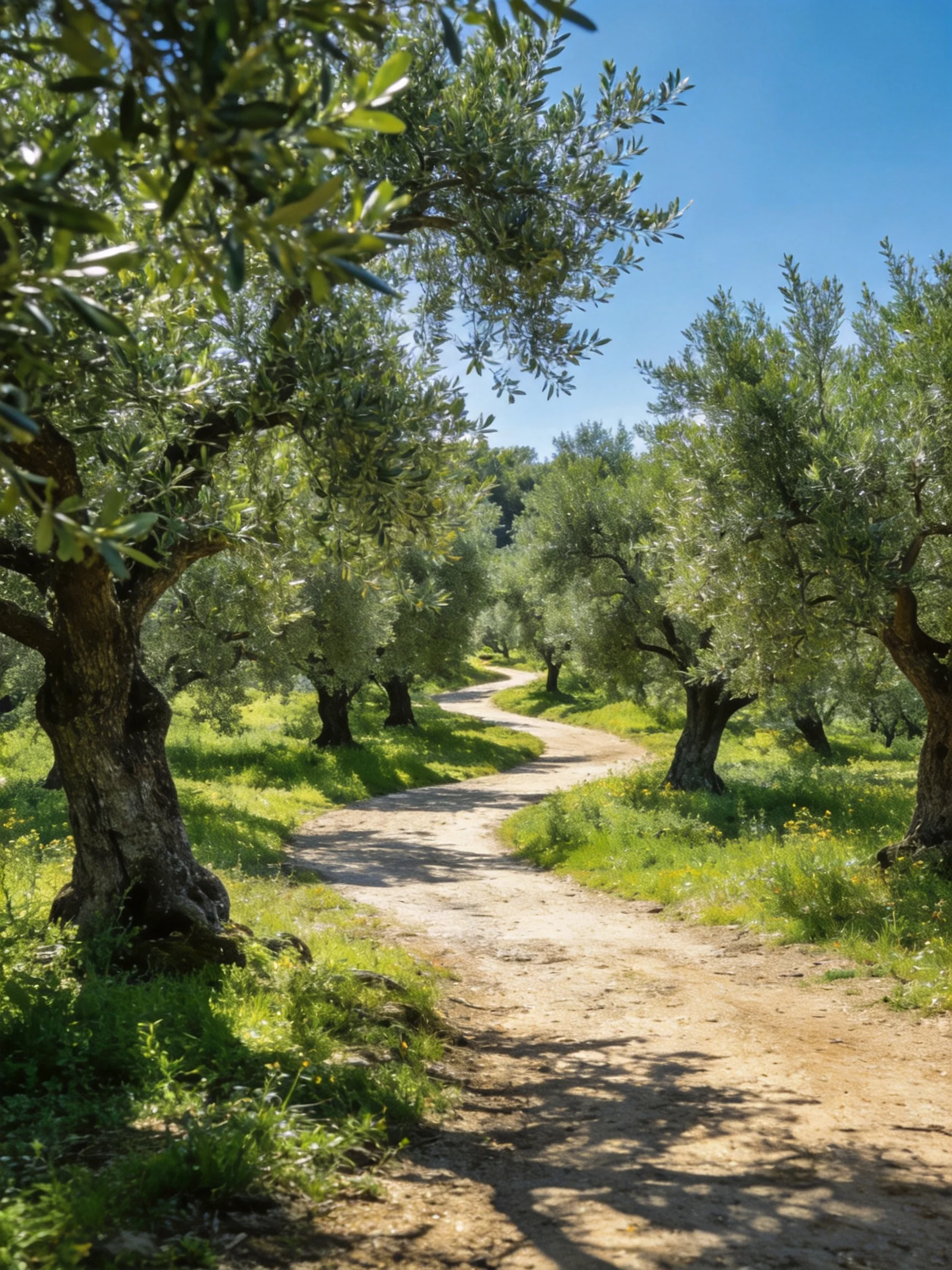 Winding dirt path through lush olive groves under clear blue sky