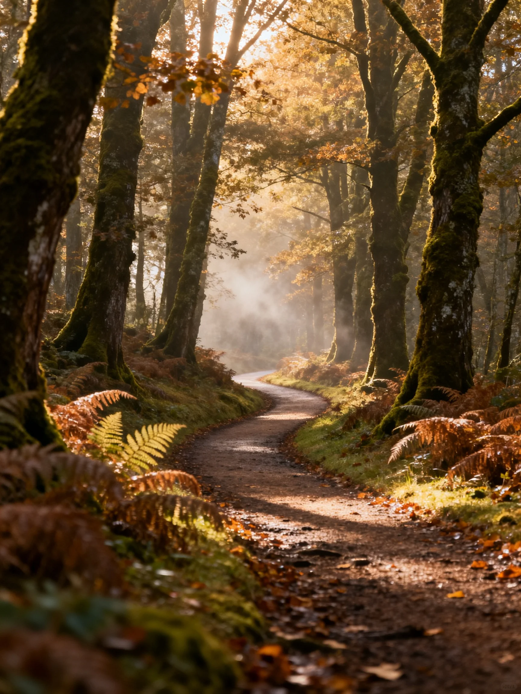 Winding dirt path through misty autumn forest with golden light