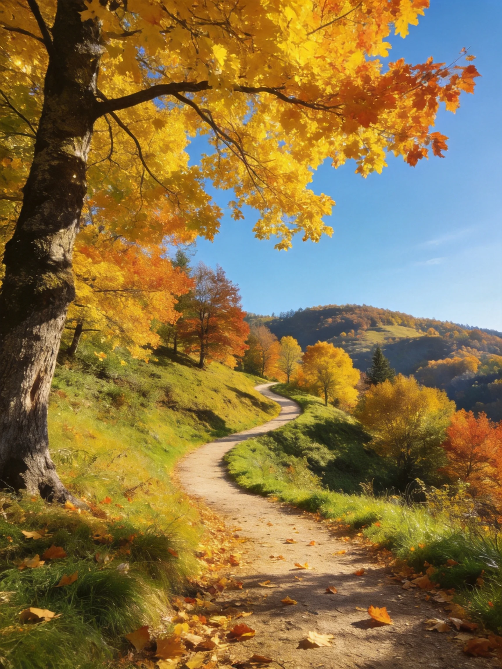 Winding dirt path through vibrant autumn foliage and rolling green hills