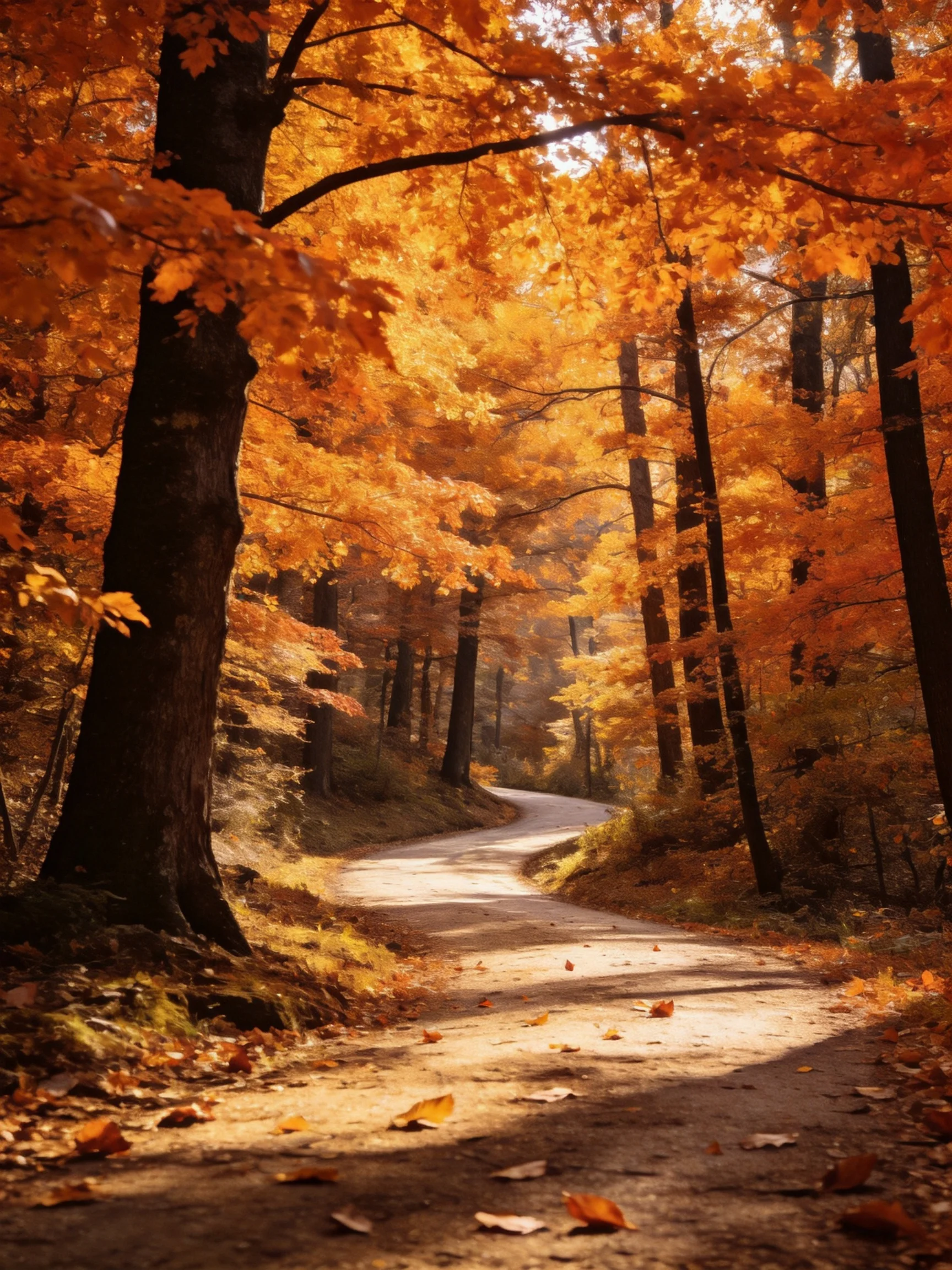 Winding dirt path through vibrant autumn forest