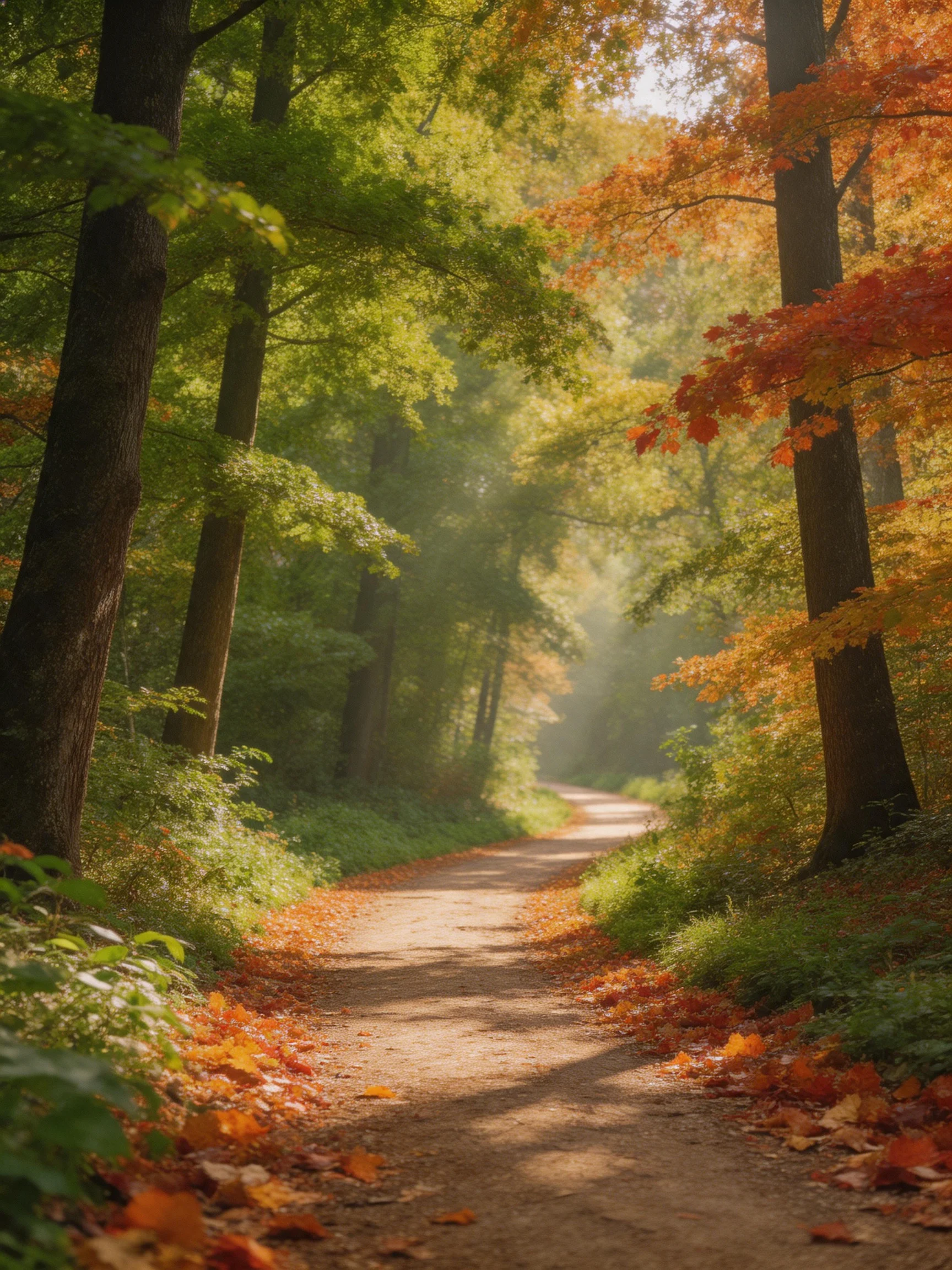 Winding dirt path through vibrant autumn forest with tall trees