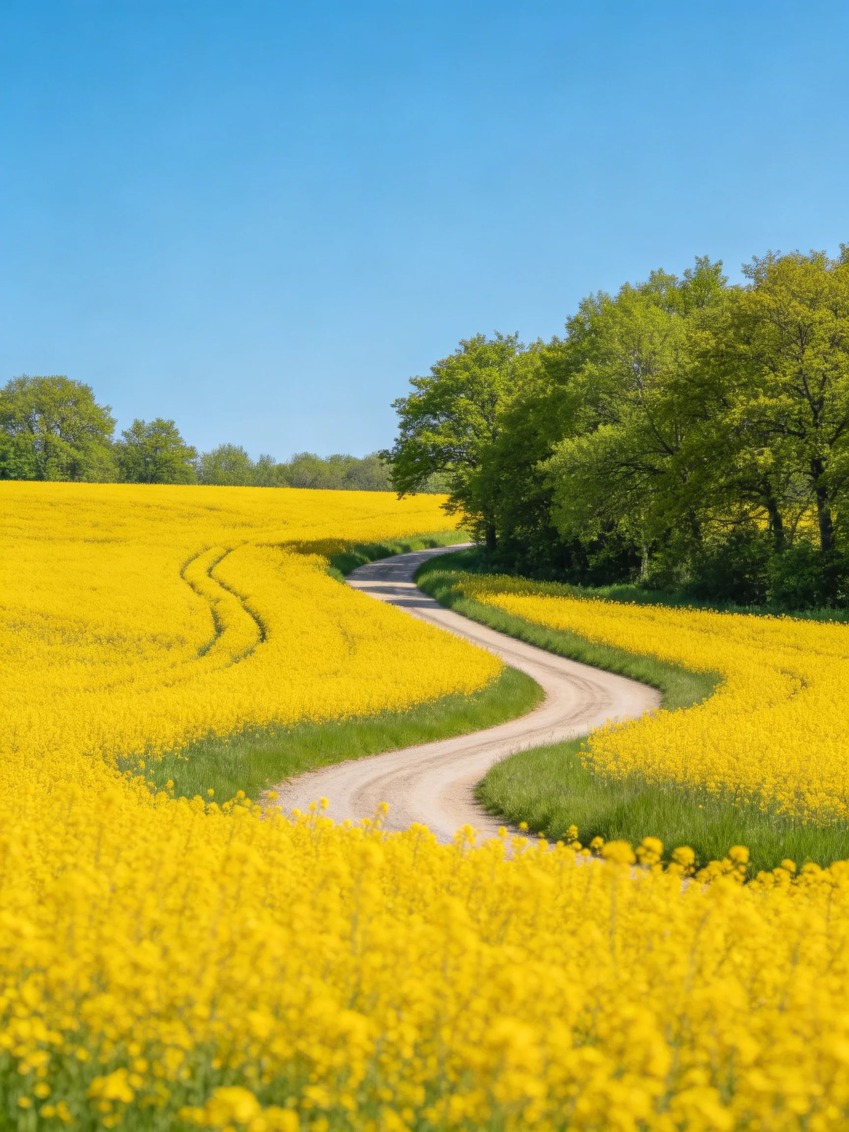 Winding dirt path through vibrant yellow flower fields near green trees