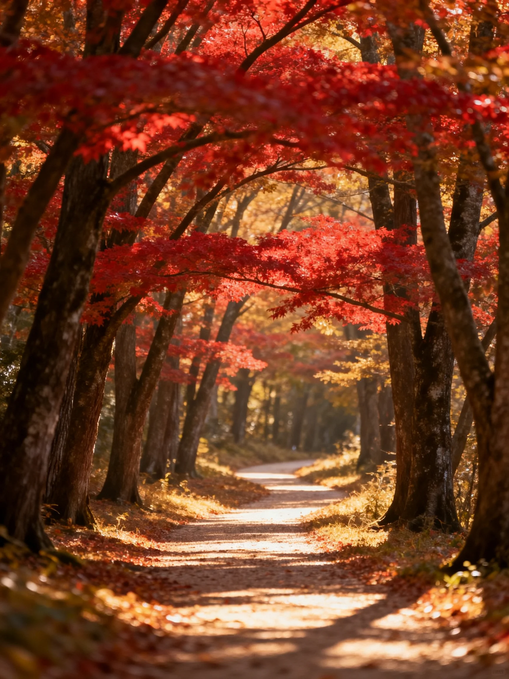 Winding dirt path winds through an autumn forest of red maple trees