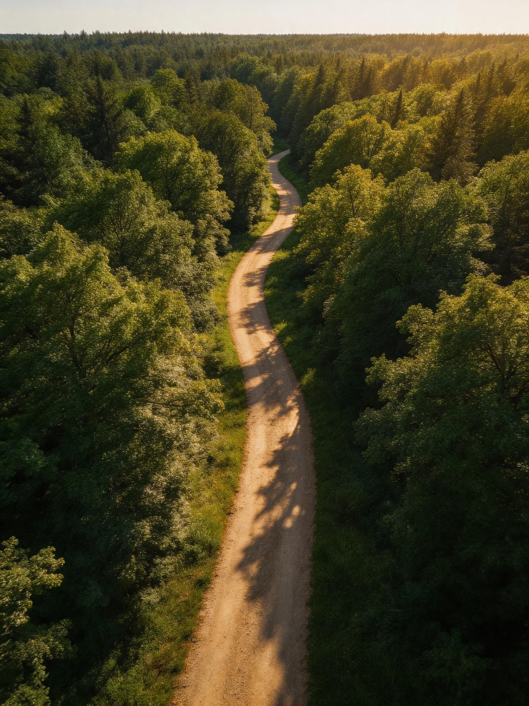 Winding dirt road cuts through dense green forest landscape