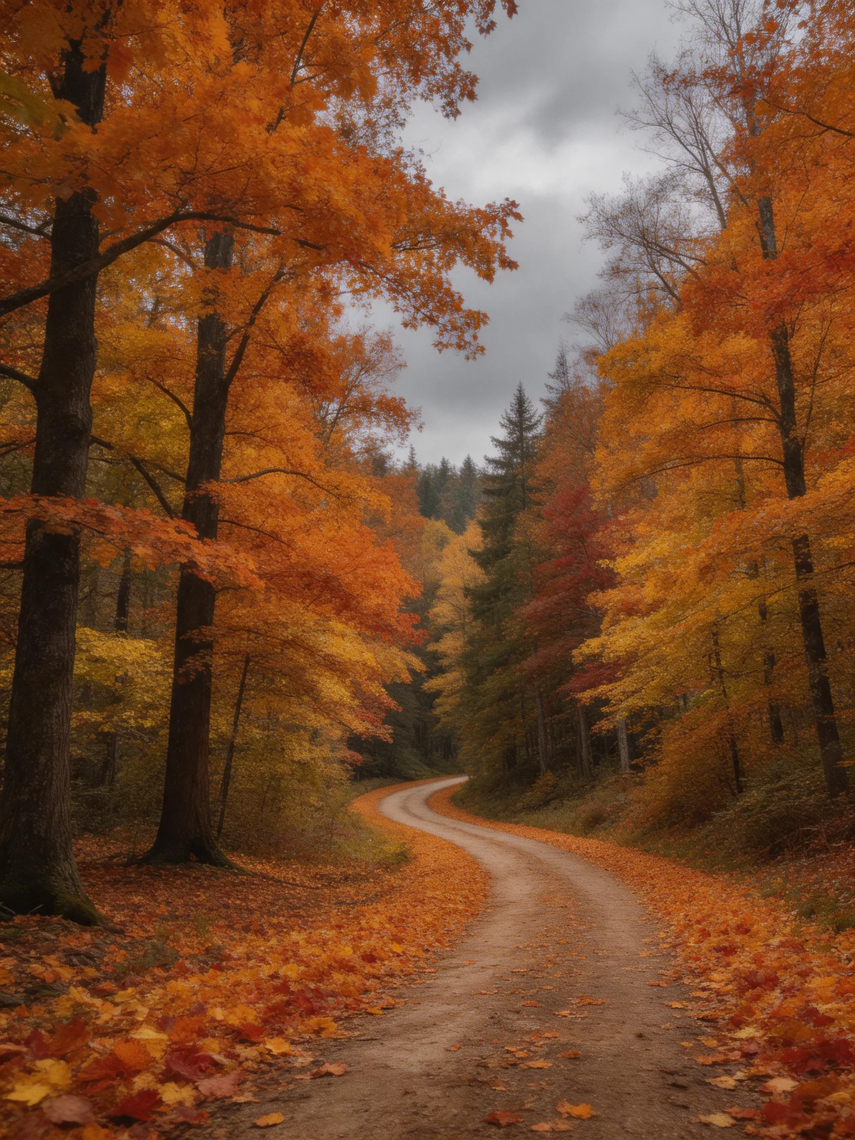 Winding dirt road surrounded by vibrant autumn foliage