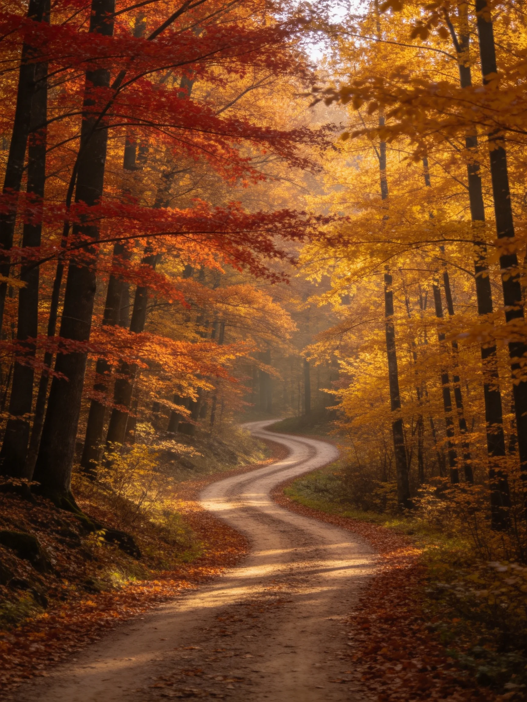 Winding dirt road through colorful autumn forest