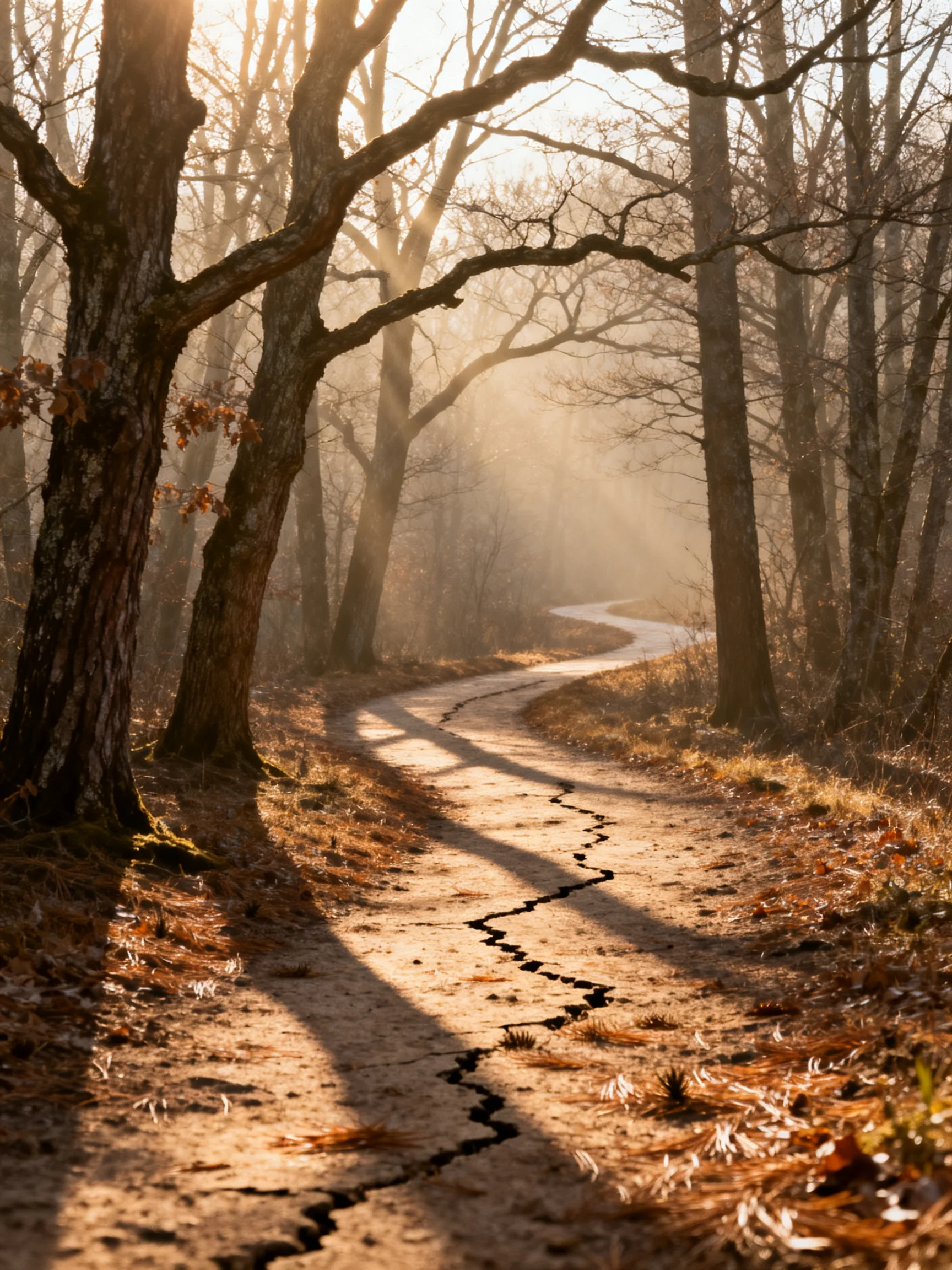 Winding forest path with cracked pavement and golden sunlight