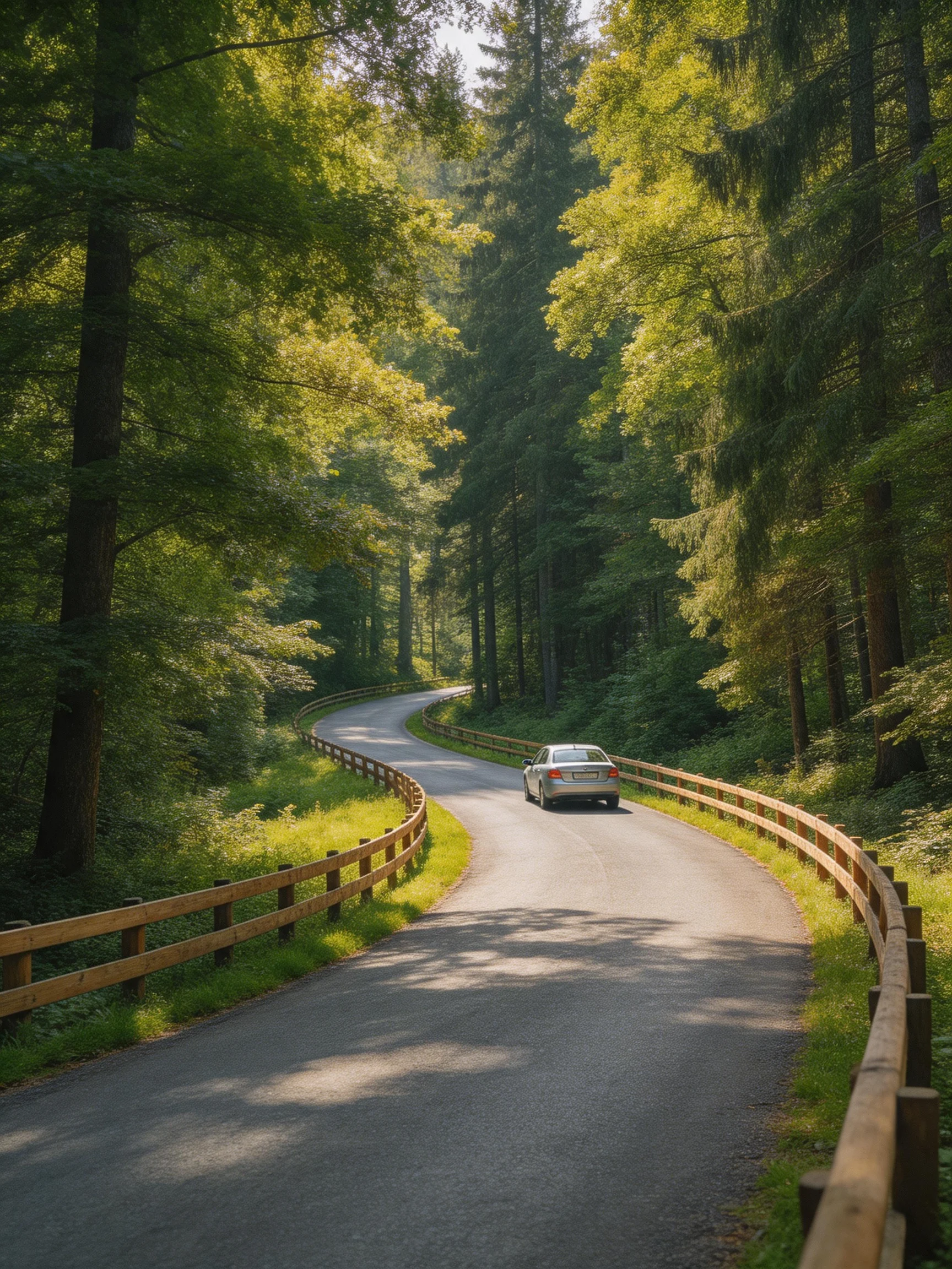 Winding forest road with a silver car and wooden railings