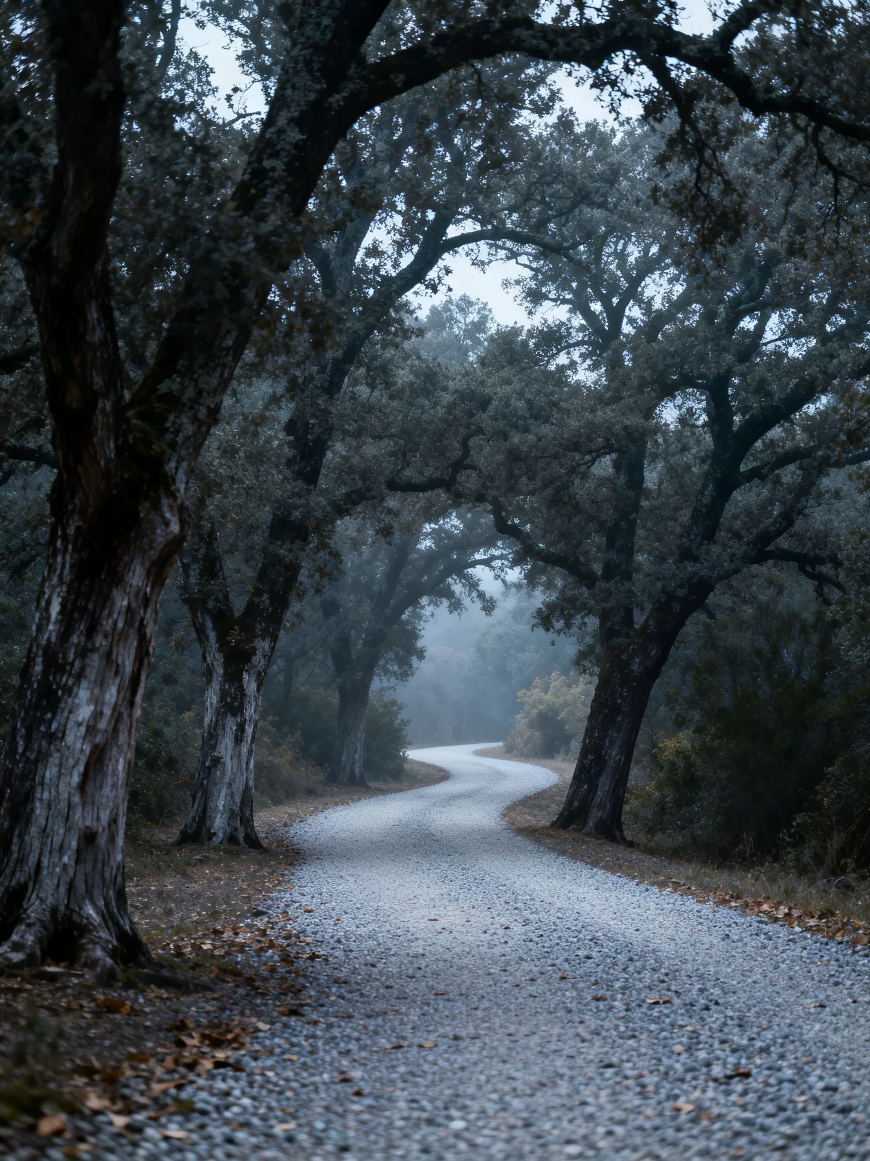 Winding gravel path flanked by ancient oak trees amid misty forest