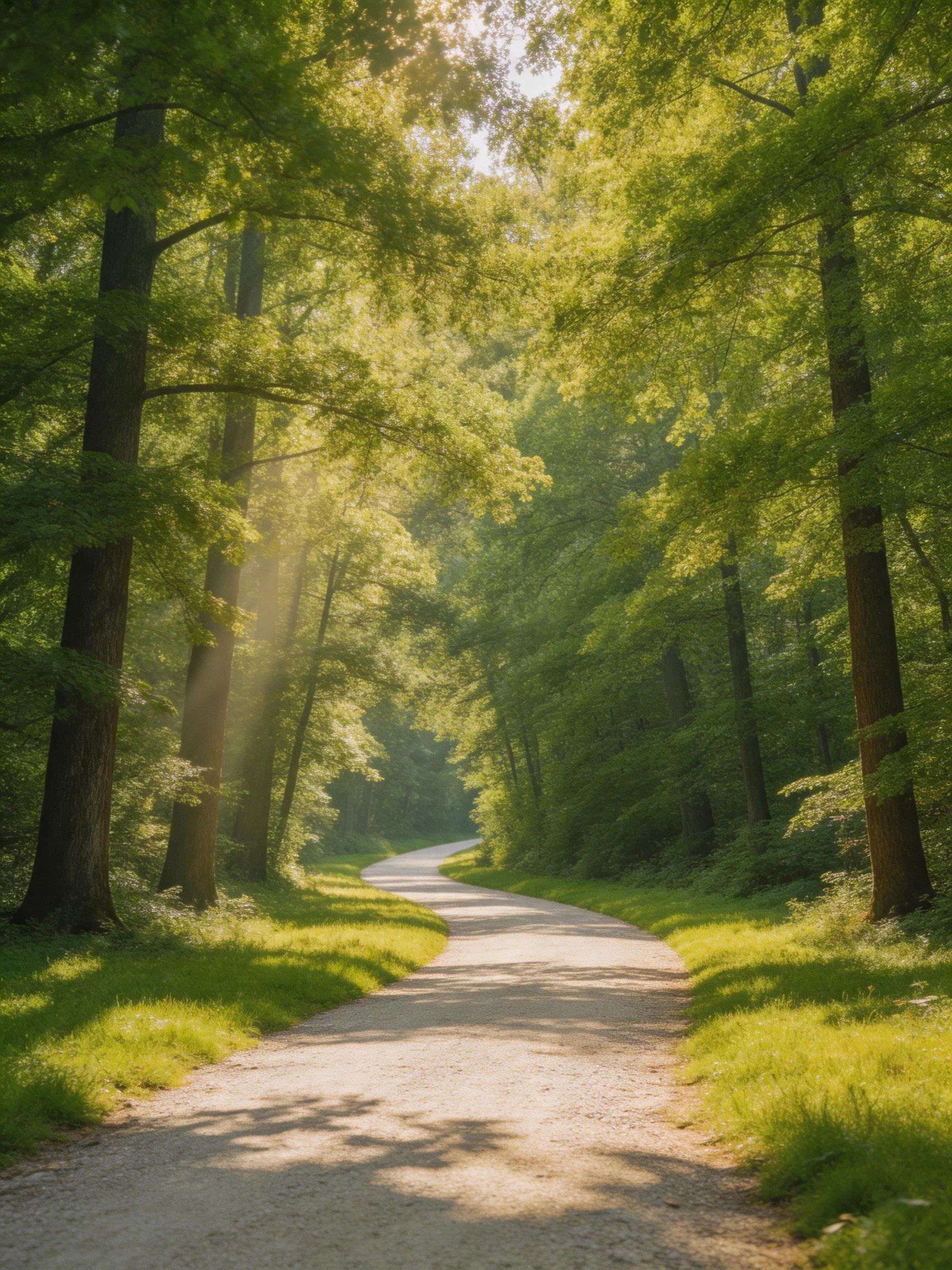 Winding gravel path through lush green woods with sunlight filtering