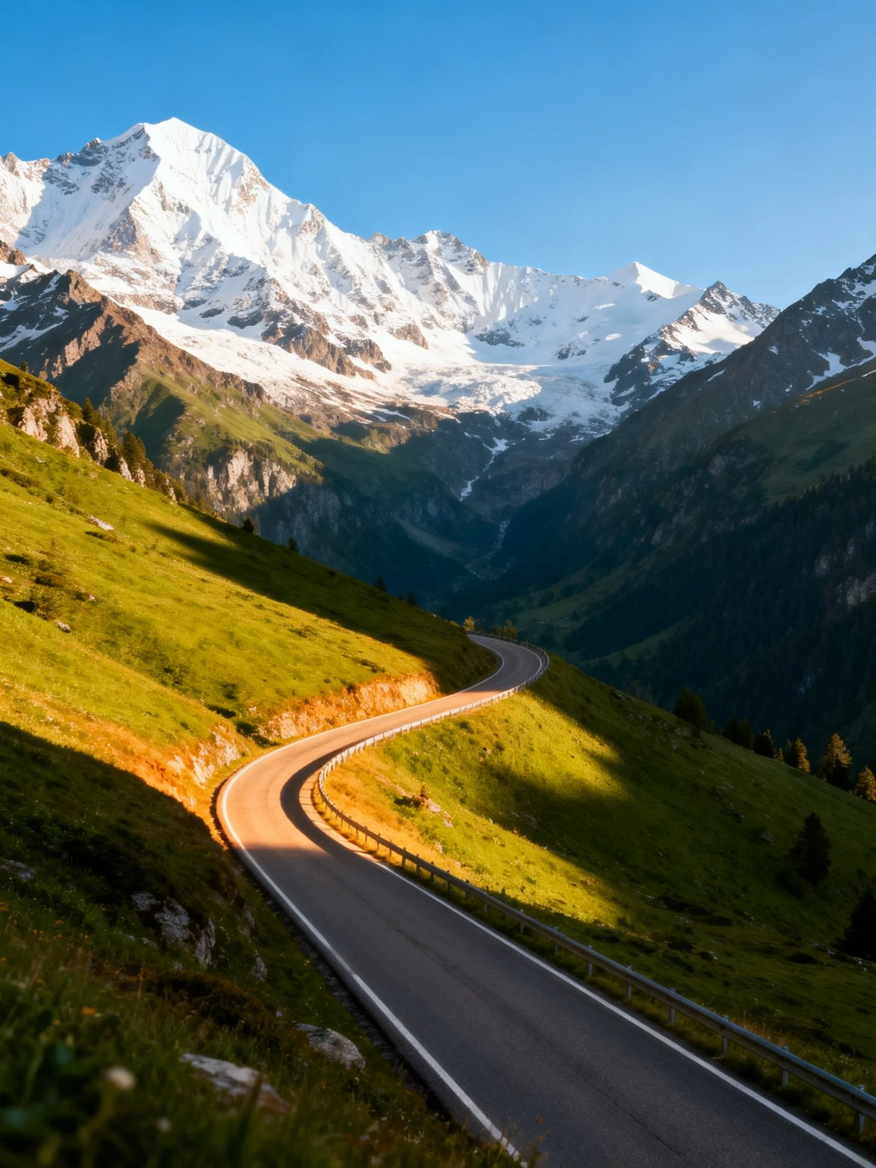 Winding mountain road beside green meadows near snow-capped peaks