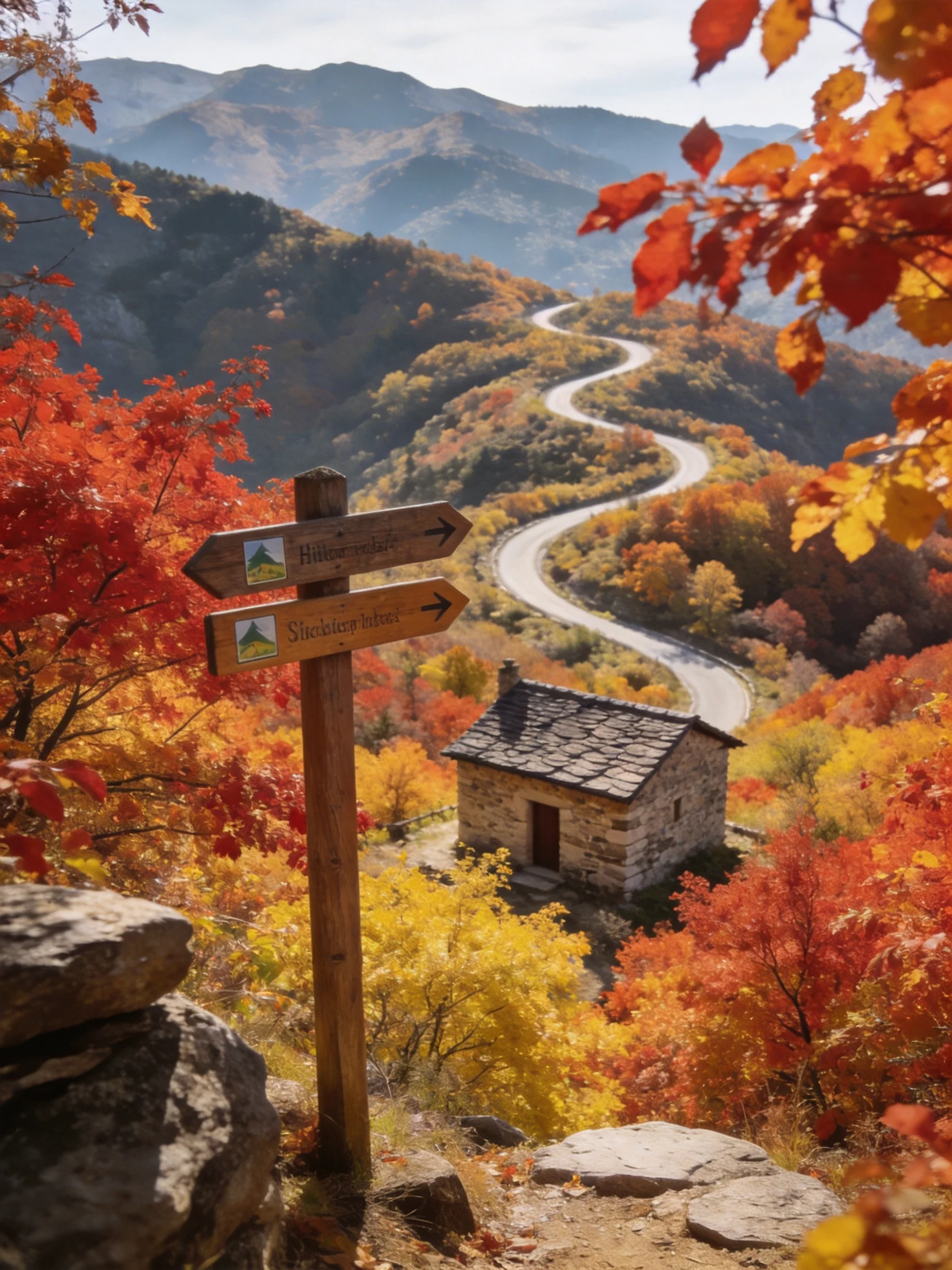 Winding mountain road surrounded by vibrant fall foliage and a stone house