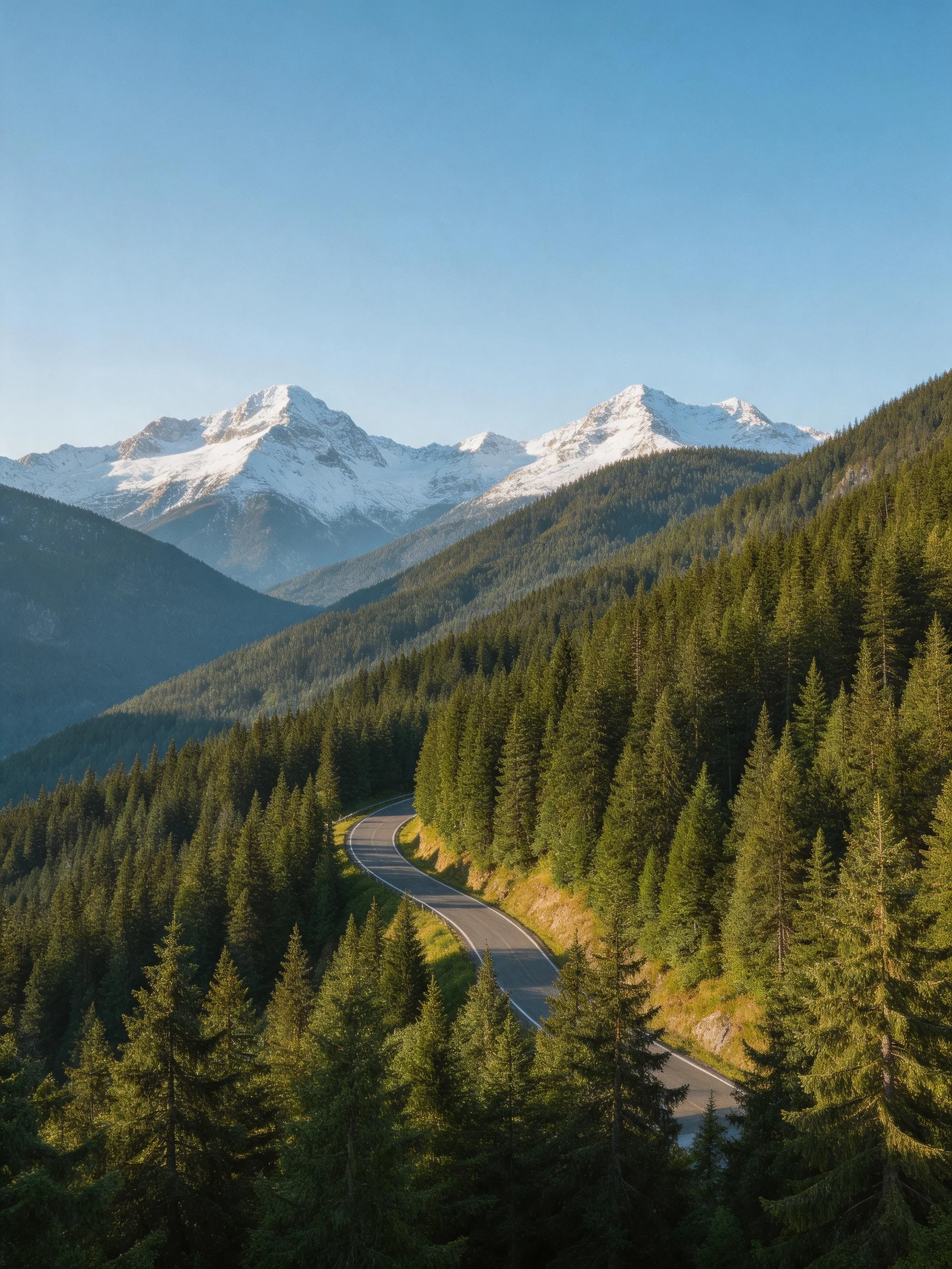 Winding mountain road through dense evergreen forests near snow-capped peaks