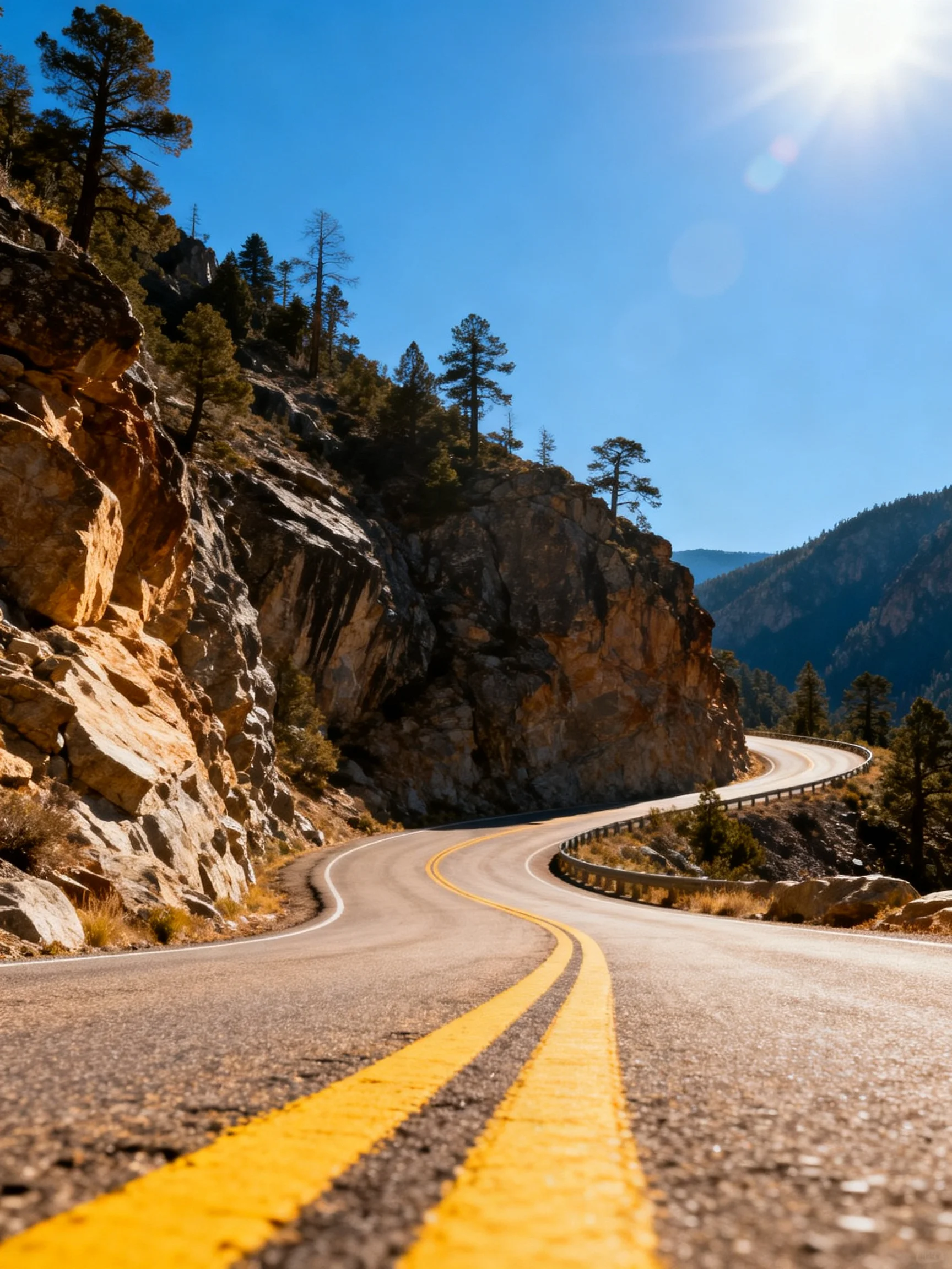 Winding mountain road with rocky cliffs and bright yellow lane markings