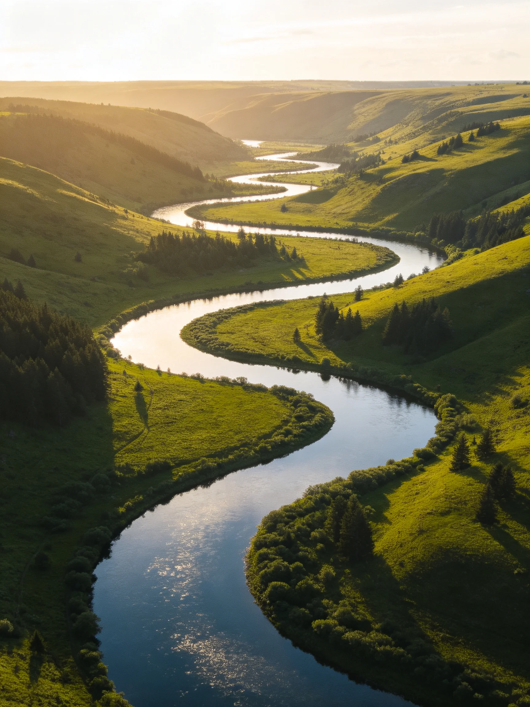 Winding river flows through vibrant green valleys with forested hills