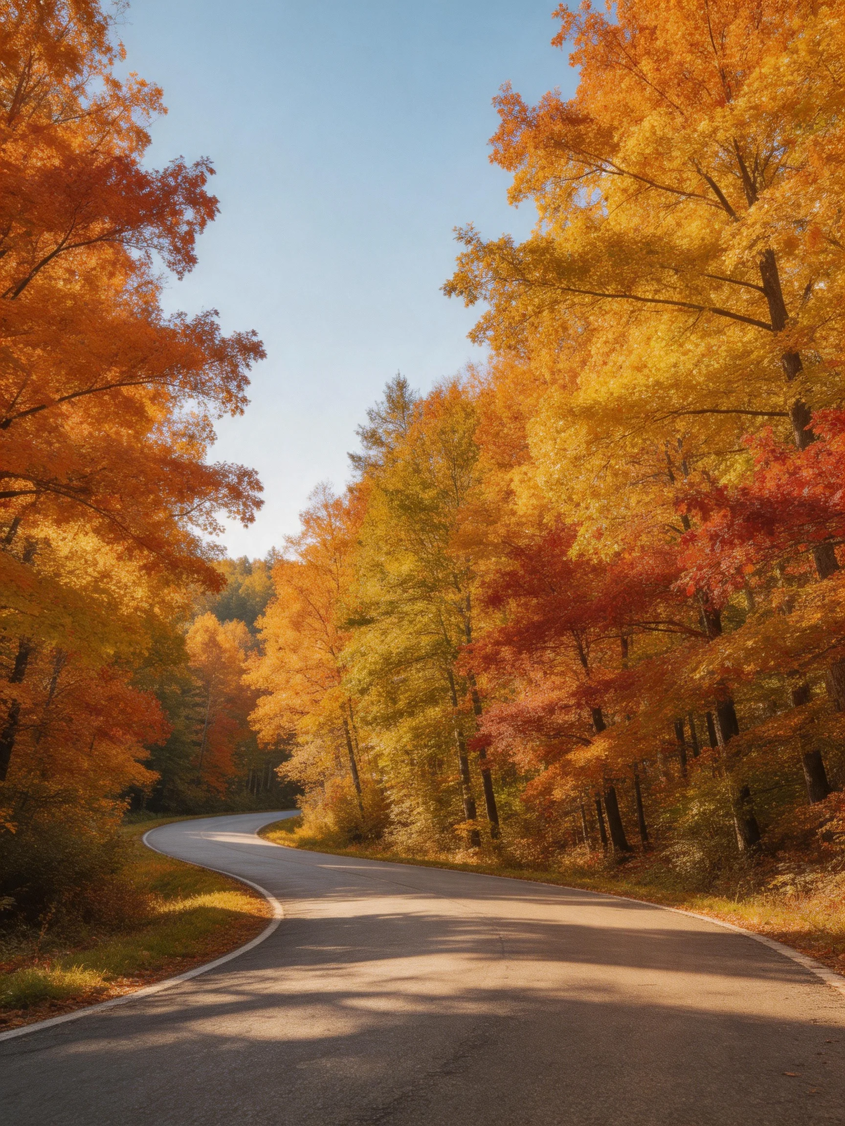 Winding road bordered by colorful autumn trees