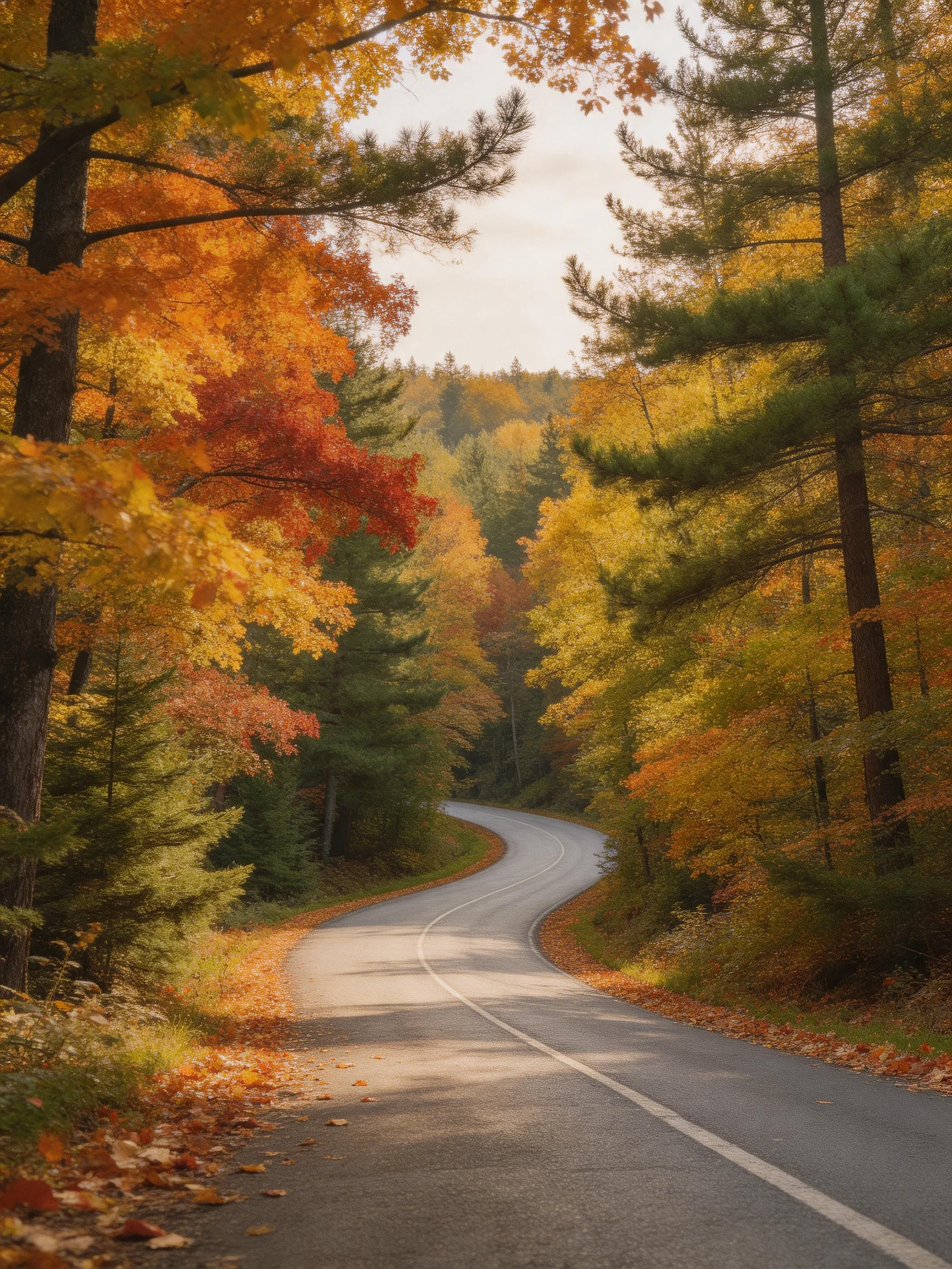 Winding road flanked by colorful autumn trees