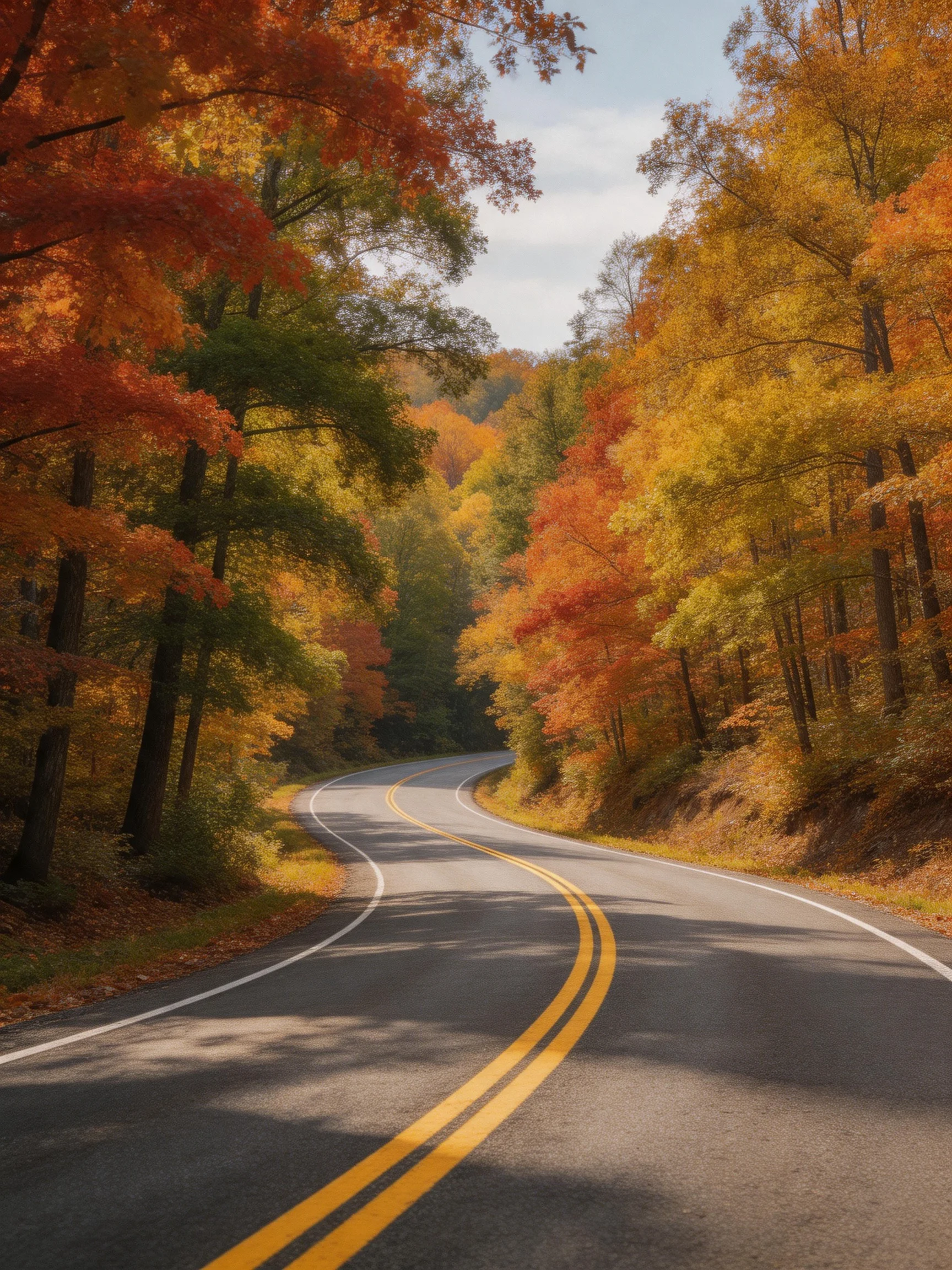 Winding road flanked by vibrant autumn trees