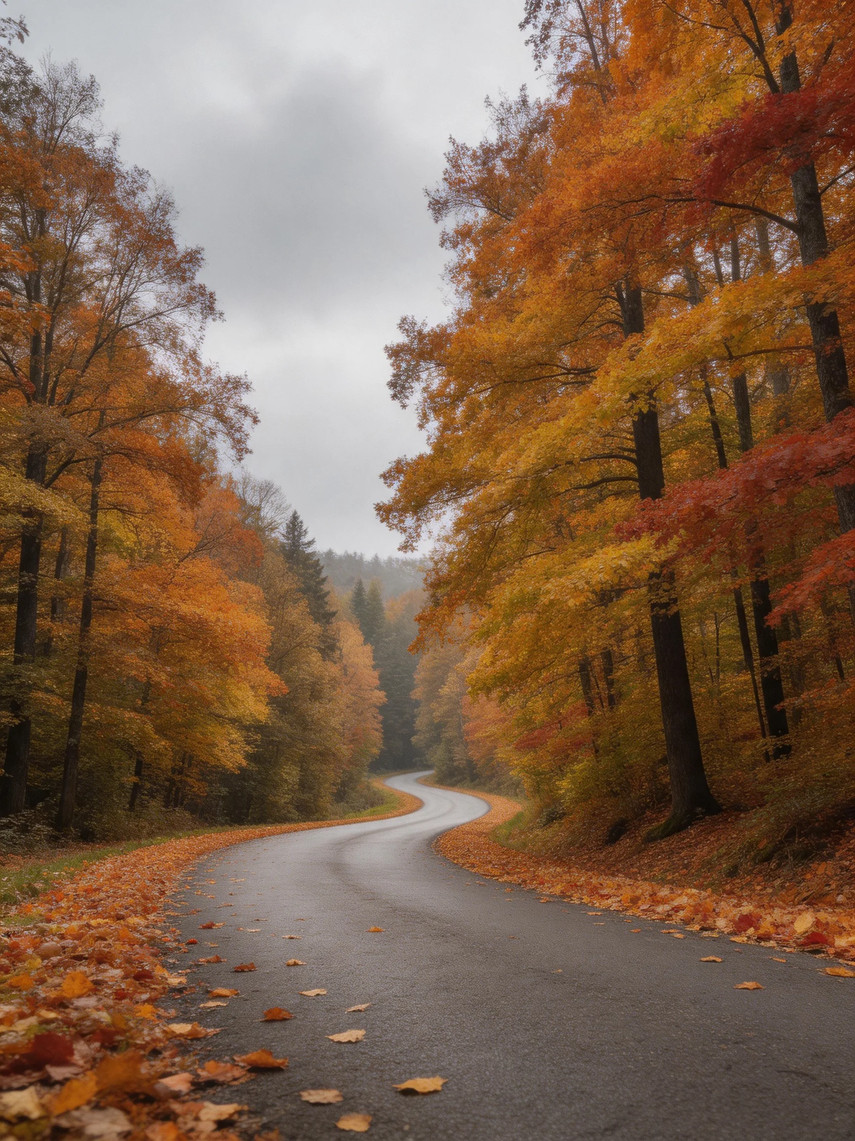 Winding road through autumn forest with golden-orange foliage