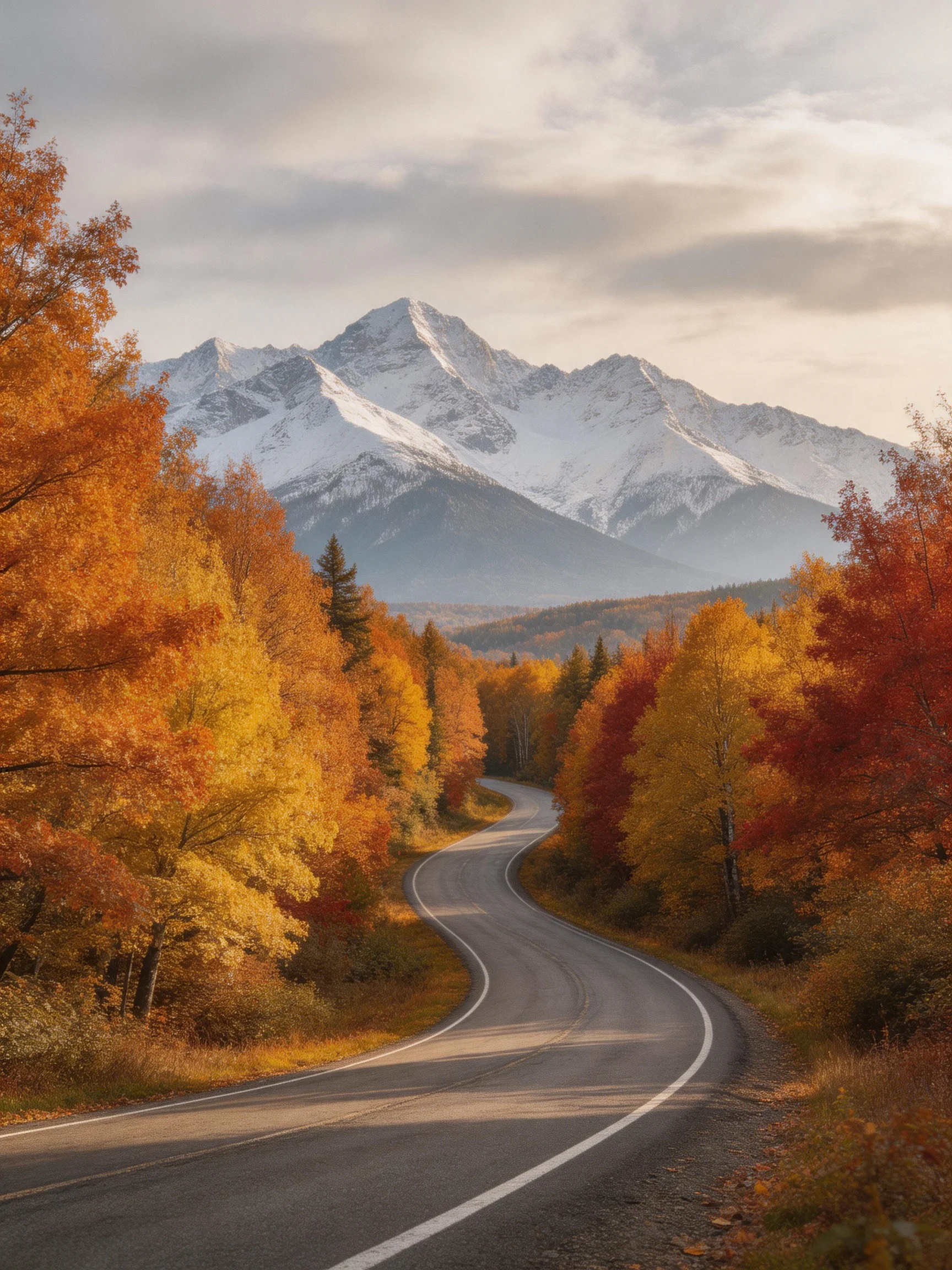 Winding road through colorful autumn woods near snow-capped mountains