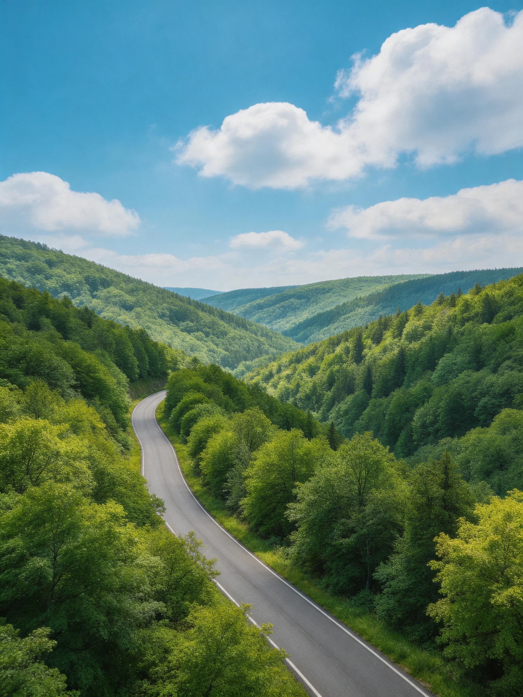 Winding road through lush green forested hills under bright blue sky