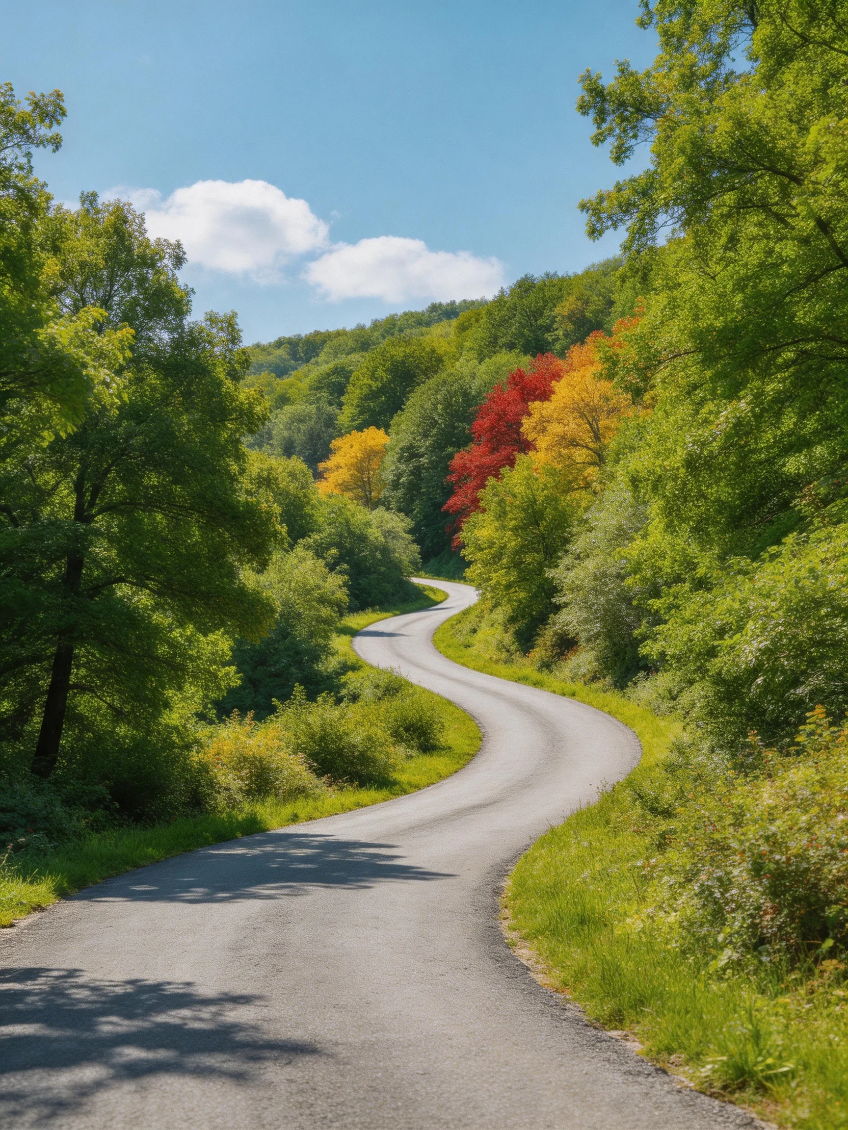 Winding road through lush green forests with colorful foliage