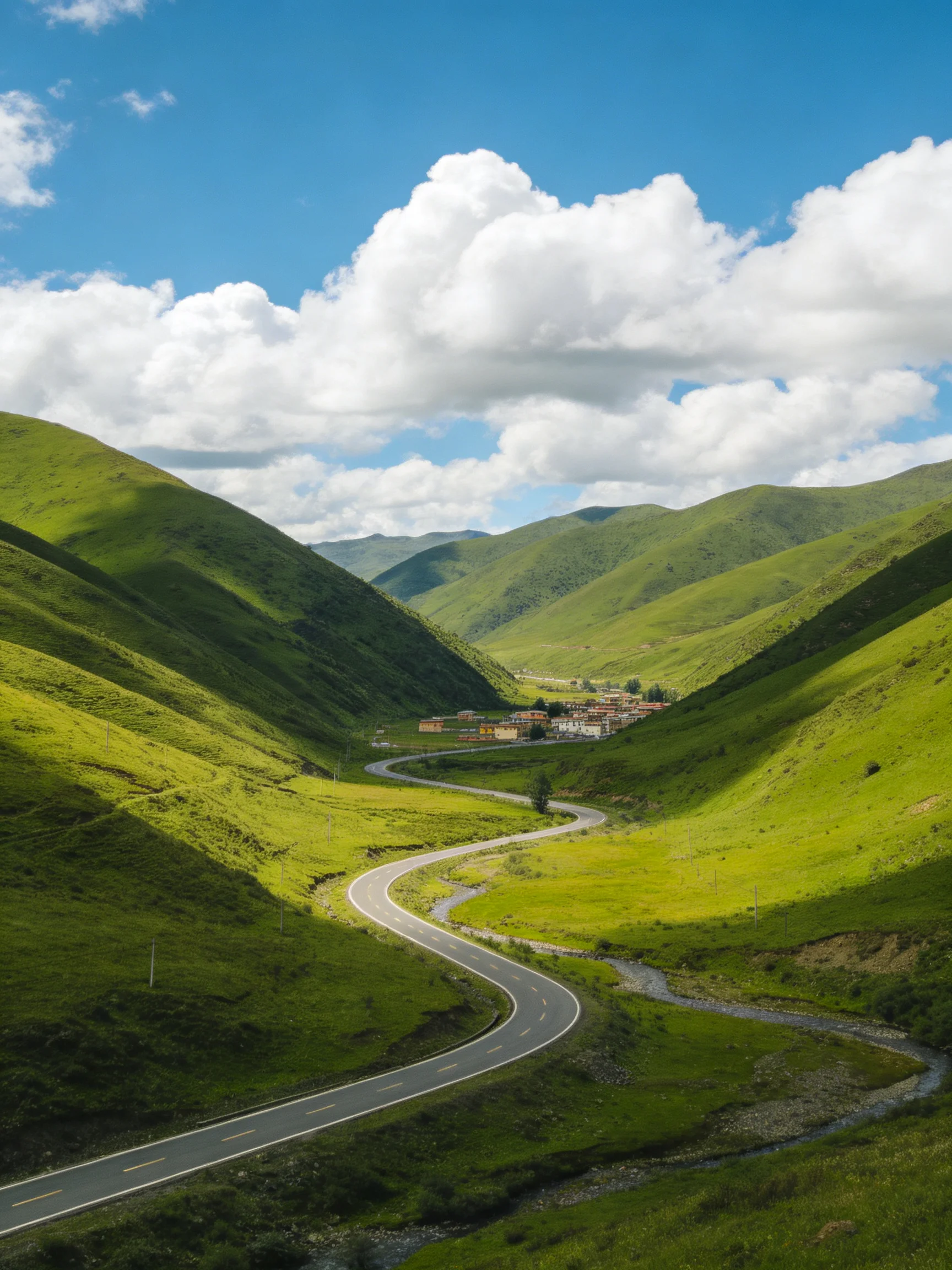 Winding road through lush green hills near a small village