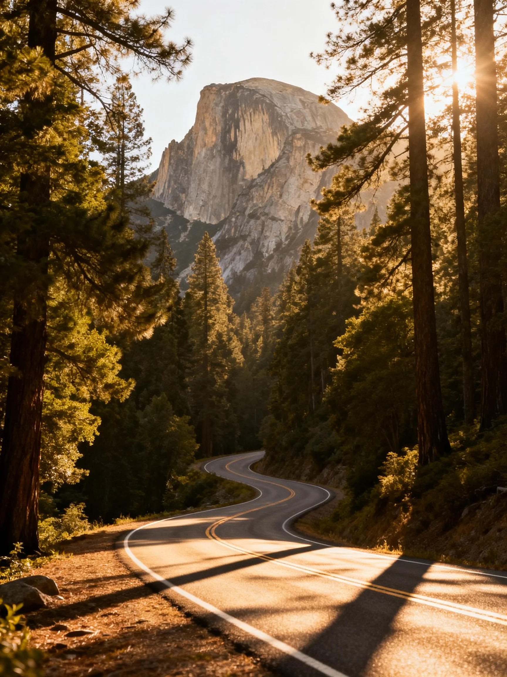 Winding road through pine forest toward a towering granite mountain