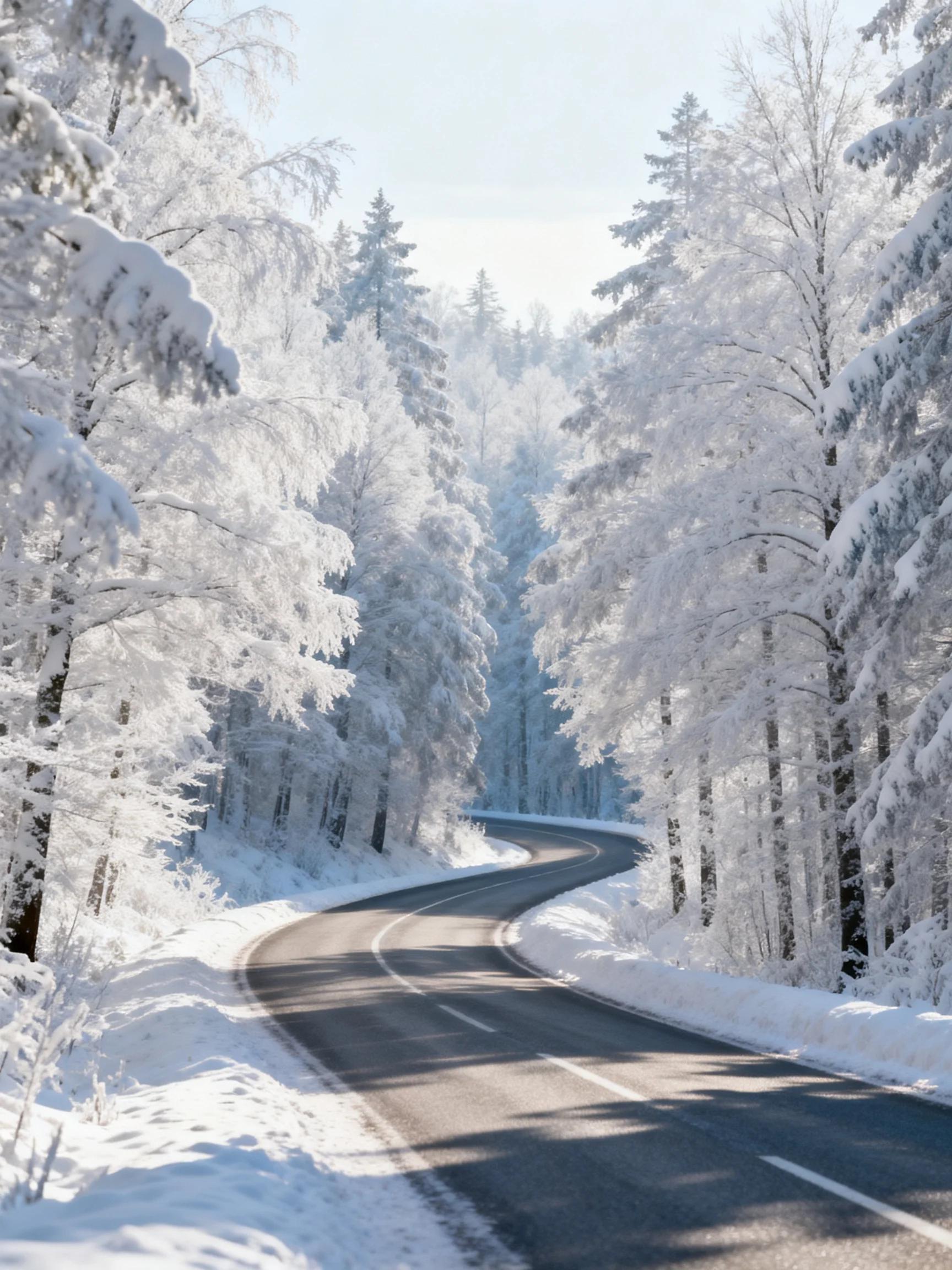 Winding road through snow-draped forest trees