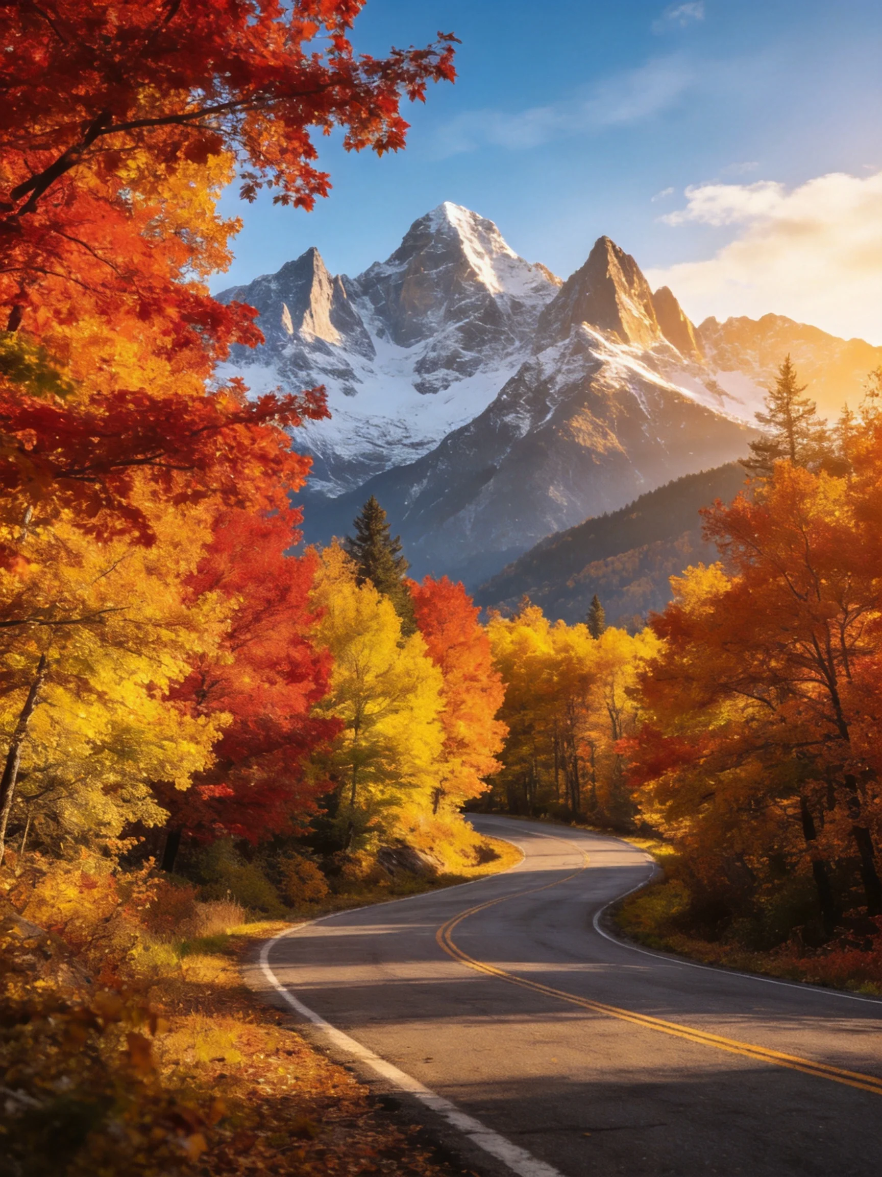 Winding road through vibrant autumn foliage near snow-capped peaks