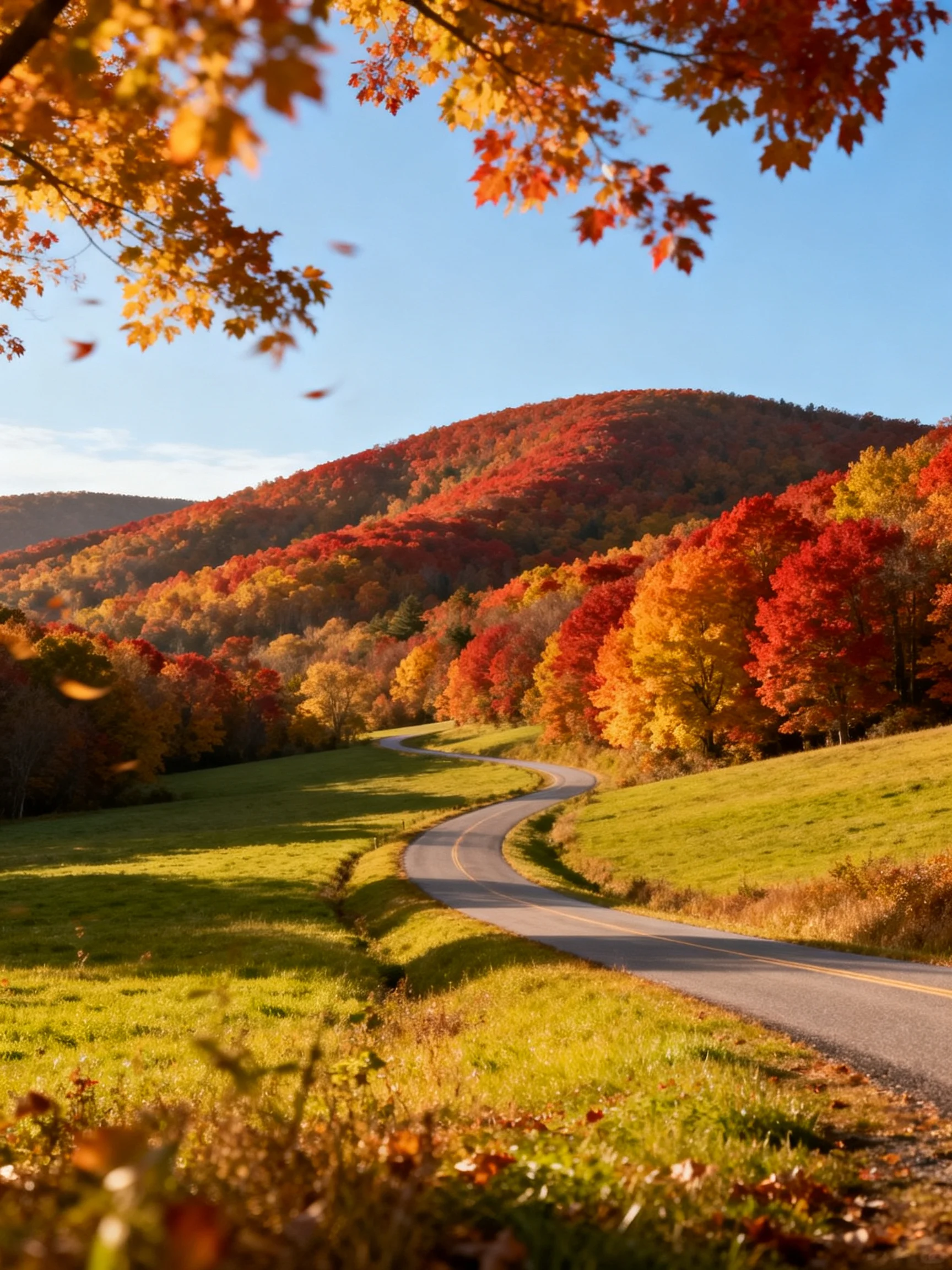 Winding road through vibrant autumn hills with multicolored trees