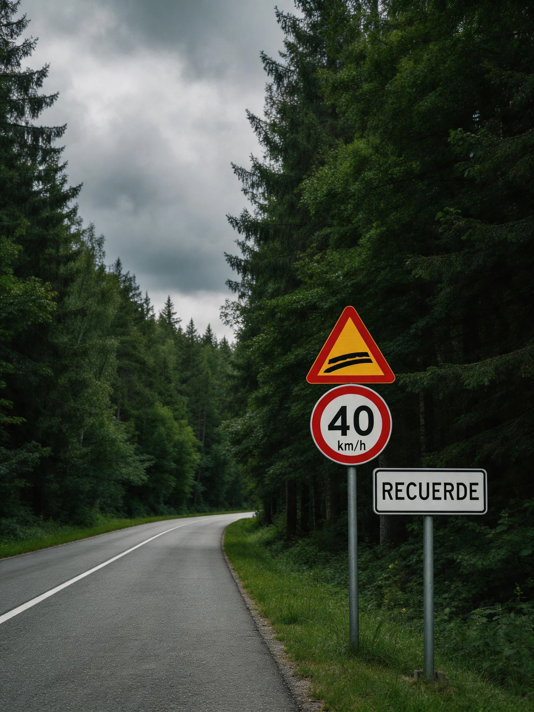 Winding road with traffic signs near lush green forests under overcast sky