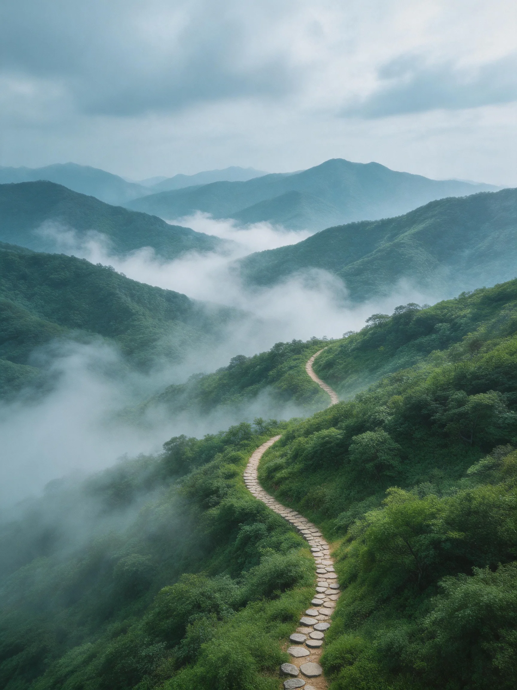 Winding stone path through lush green mountains with misty valleys